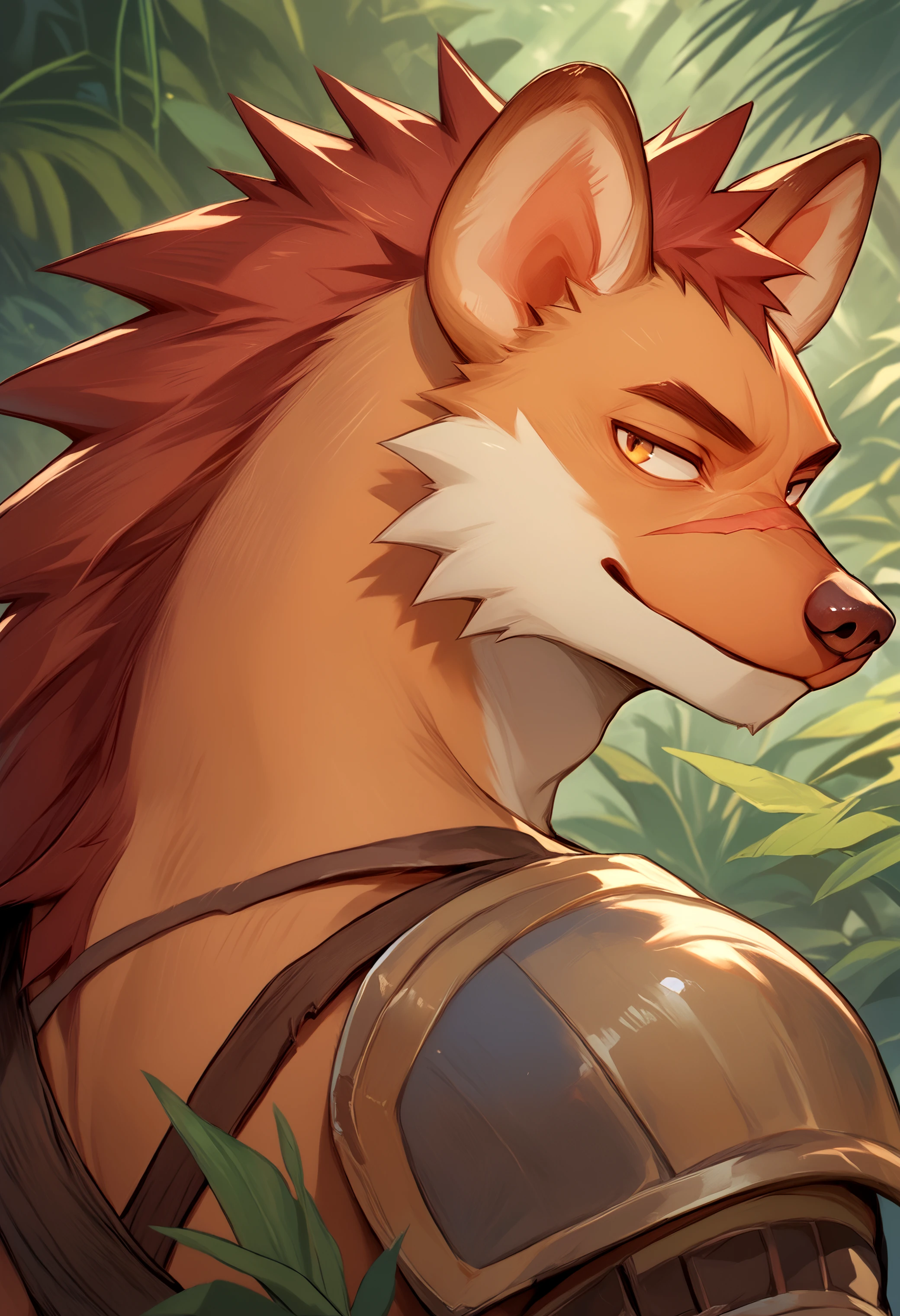 score_9, score_8_up, score_7_up, <lora:OdieAFK_Arena-000001>, red hair, odie, furry male,brown fur, armor, 1boy,  hyena boy, scar on nose, close up, from side,  jungle,