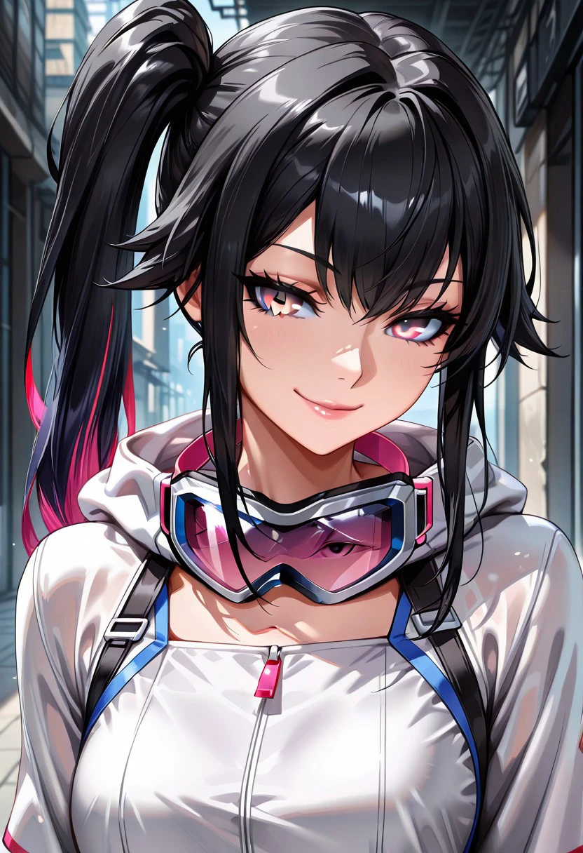 absurdres, 4k res, high quality, score_7_and_above, 1girl, solo, masterpiece, shiki_dwno, black hair, multicolored hair, side ponytail, gray eyes, hood, goggles around neck, dress, portrait, seductive smile, highly detailed, side view, looking at viewer, good eyes