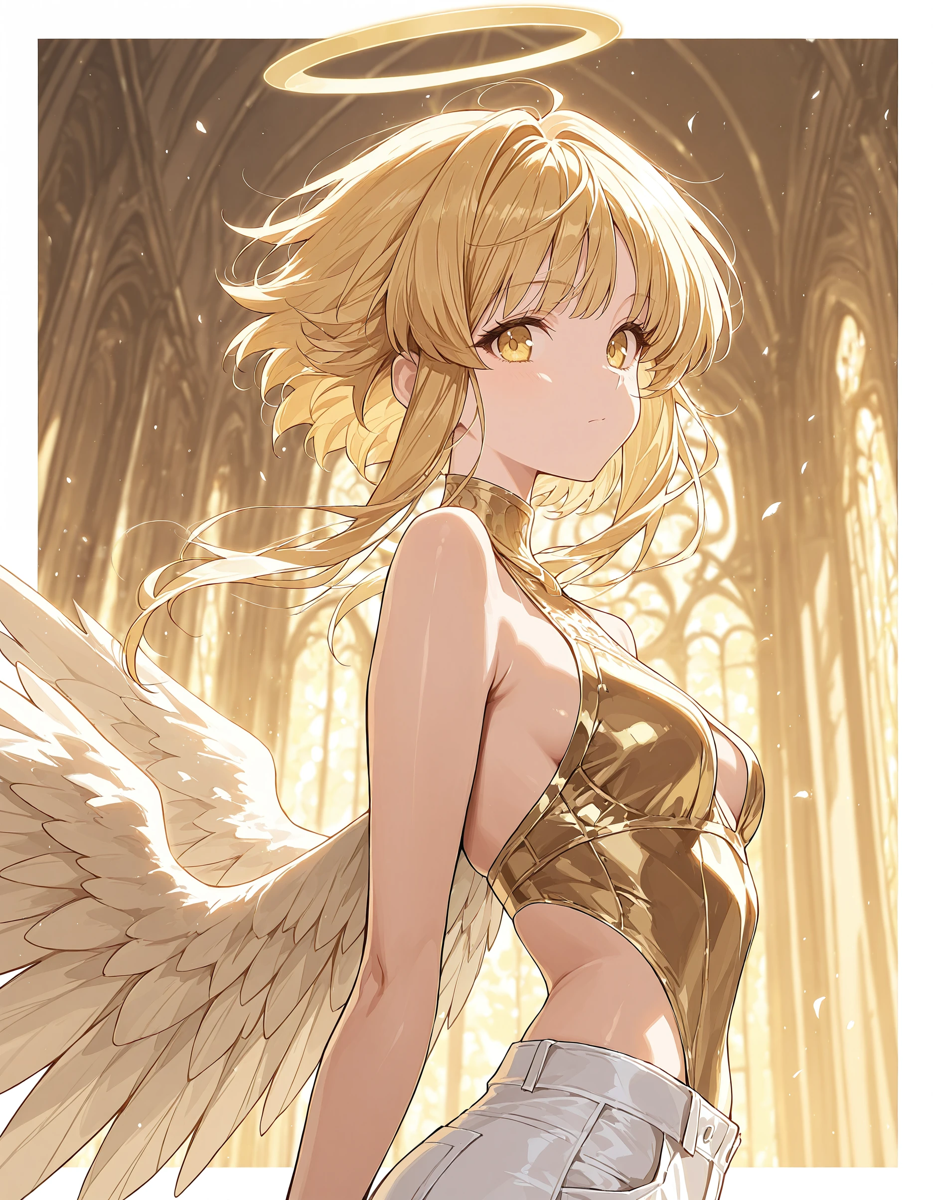 masterpiece, best quality, very aesthetic,1girl, solo, blonde hair, wings, halo, breasts, yellow eyes, small breasts, short hair with long locks, pants, looking at viewer, white pants, sidelocks, closed mouth, bangs, border,   <lora:S4ilor_style_illu_2-000010:1>