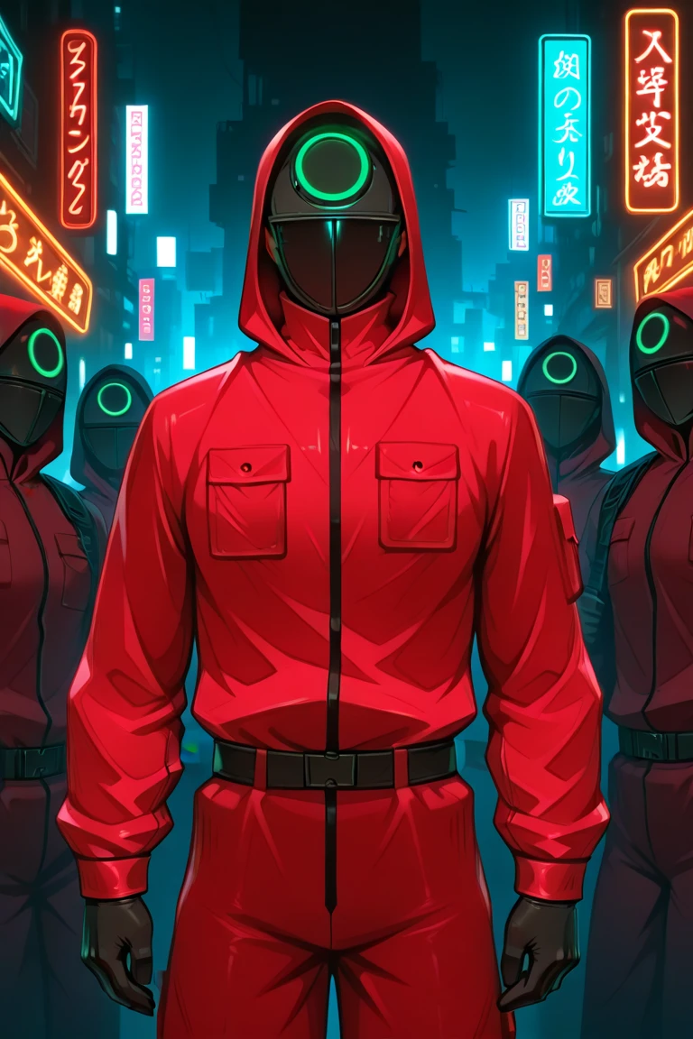 Squidy Game character, red jumpsuit, black gloves, hooded outfit, black belt, black mask with symbol, cyberpunk, neon lights, glowing effects, futuristic city, bold typography, glitch text, "NEW YEAR HAPPY ?", dramatic lighting, dark atmosphere