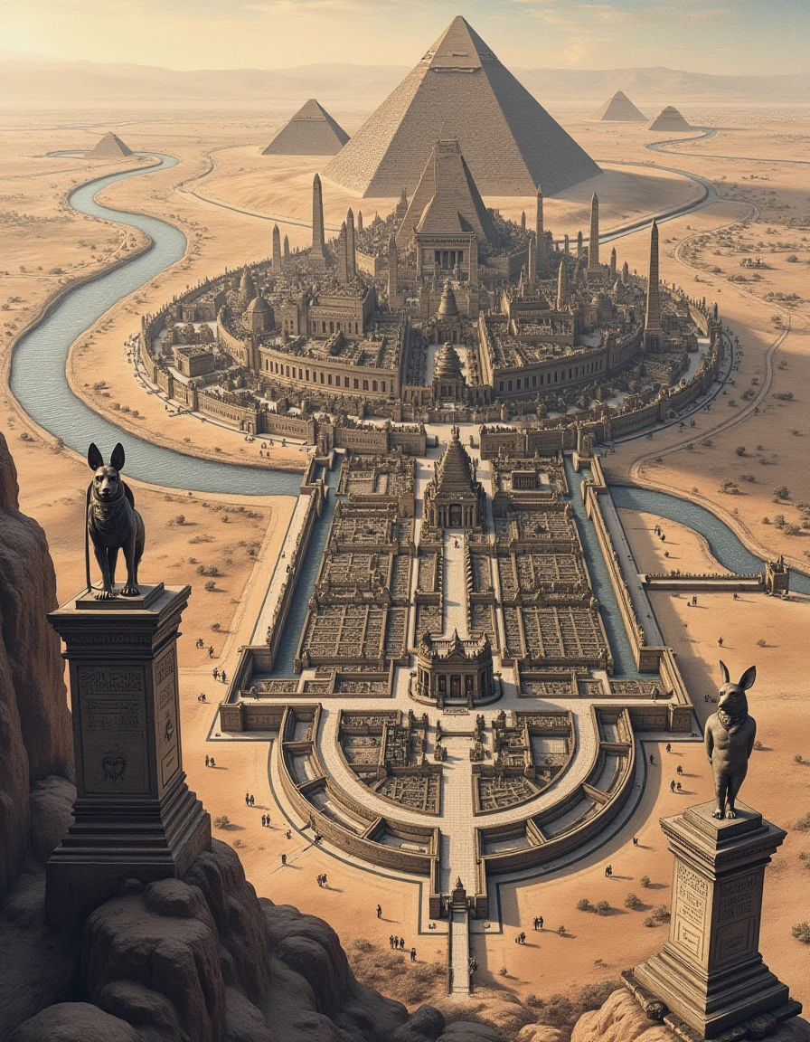a dictymp map, a vintage cityscape engraving map, Ancient Egyptian City of the Gods, A panoramic map of a grand city on the banks of the Nile, dedicated to the gods. Massive stone temples with colossal statues of Anubis and Horus flank wide boulevards. Obelisks and pyramids rise above the city, their surfaces adorned with glowing hieroglyphs. The surrounding desert shimmers in the heat, with the sacred river winding gracefully through lush, fertile fields., <lora:city-maps_v12-000040:1>
