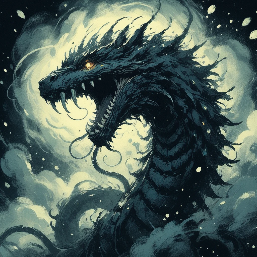 Special Ink-drawing mode, soft lighting with dynamic highlights.
intricate linework with expressive contrasts, vibrant and muted colors blend harmoniously.
A close-up of the Void Serpent’s coiled body, its scales blending into the darkness of space. Its glowing fangs drip with venom, while its obsidian-like eyes reflect swirling galaxies.