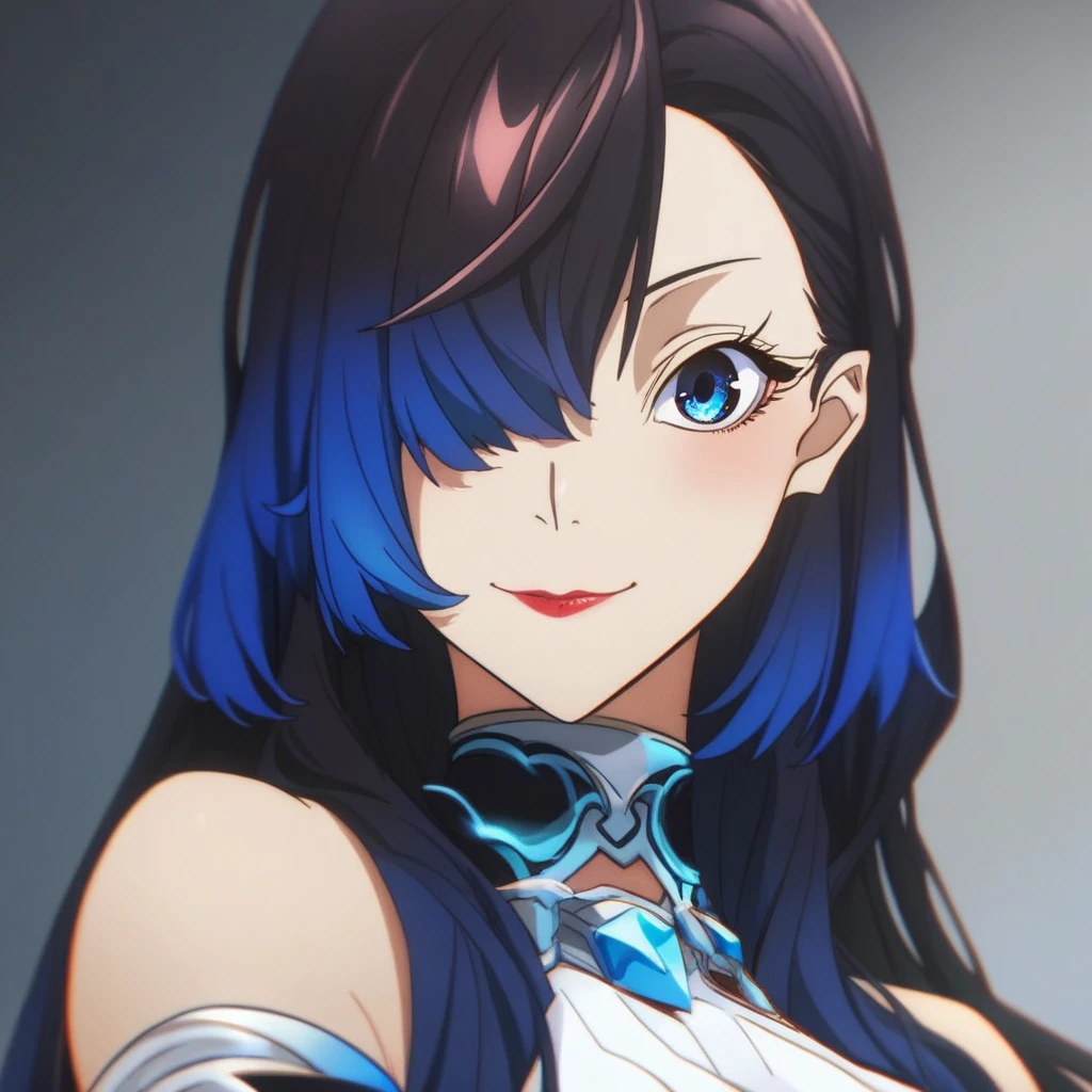 score_9, score_8_up, score_7_up, 1s2k41dech34tsk1ll,IsekaideCheatSkill,Isekai de Cheat Skill, rating_safe, 1girl, solo, long hair, breasts, looking at viewer, blush, smile, bangs, blue eyes, large breasts, black hair, closed dress, gloves, dress, bare shoulders, closed mouth, blue hair, upper body, multicolored hair, elbow gloves, hair over one eye, collar, lips, gradient hair, red lips,