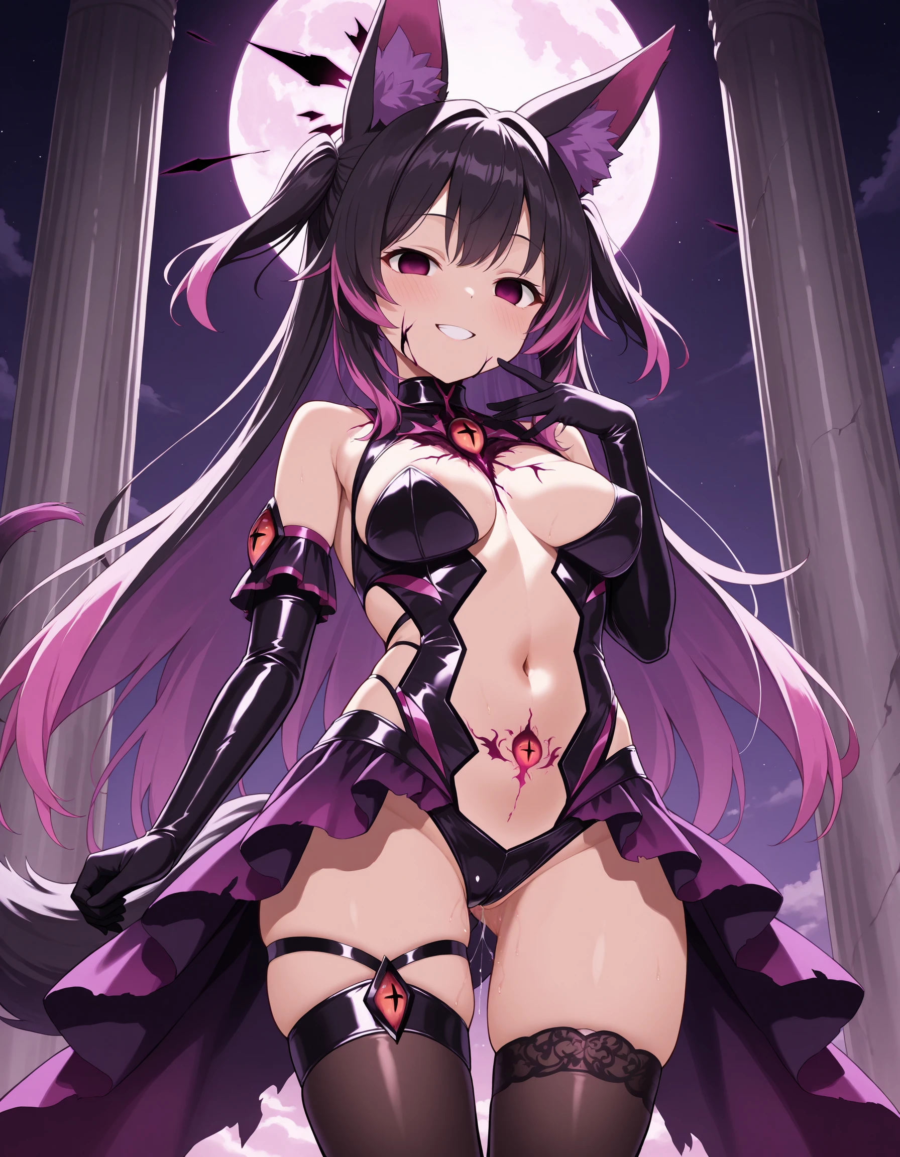 NSFW,masterpiece,Highest quality,High resolution,Very detailed,white\(no game No life\),Small breasts,Bad smile,blush,(devil),devilの角,devilのしっぽ,devilの羽,High-quality black frill dress,leotard,Abandoned Castle