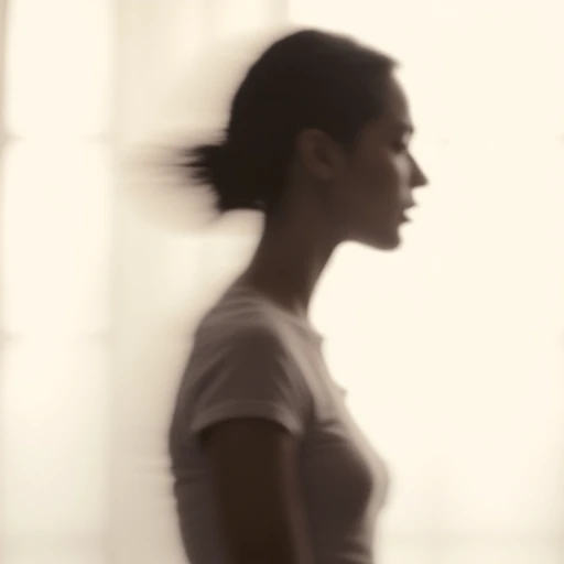 an aesthetic, minimalist depiction of a female profile in side view. she wears a t-shirt. The focus is on the soft contours and calm, monochromatic tones. The scene feels mystical and dreamy, almost as if viewed through a delicate mist, with gentle light accentuating the silhouette. The background is diffuse and creamy white, drawing attention to the elegant simplicity of the figure.