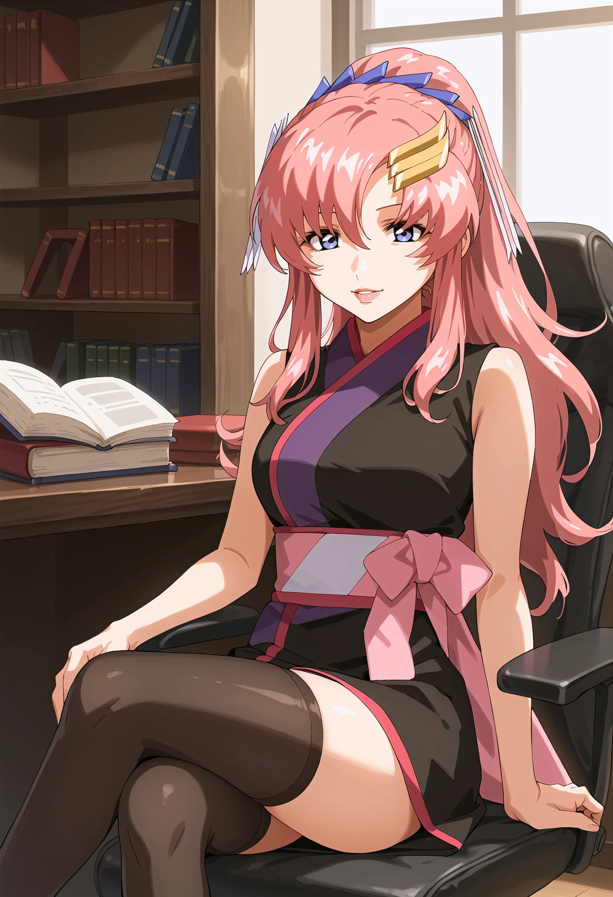 score_9, score_8_up, score_7_up, source_anime, rating_safe <lora:lacus_c_pony-000008:0.95> lacus_c, 1girl, anime coloring, solo, high ponytail, long hair, pink hair, hair ornament, hair ribbon, hair between eyes, purple eyes, lipstick, black sleeveless kimono, sash, black thighhighs, medium breasts, sitting, office chair, desk, crossed legs,light smile, parted lips, indoors, book, bookshelf