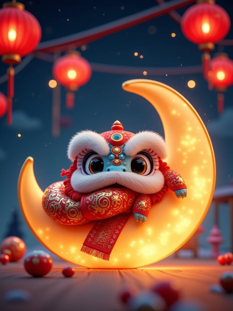 <lora:Cute Snake MTL_f1:0.8>  A playful snake wearing a lion dance headpiece lounges on a crescent moon in a deep, starry night sky, surrounded by hanging red lanterns. The 3D text glowing brightly in the distance says: "Moonlit Luck - 2025."