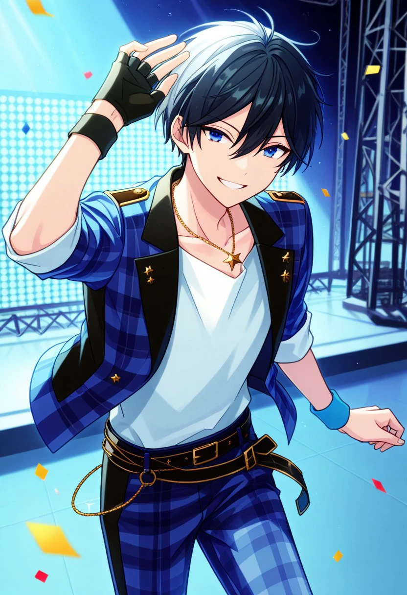 masterpiece, best quality, 
hokuthida, 1boy, male focus, solo, blue eyes, black hair, short hair, bangs, hair between eyes, trickstar uniform, jewerly, necklace, shirt, white shirt, collarbone, jacket, blue jacket, plaid jacket, open jacket, open clothes, sleeves rolled up, single glove, black gloves, fingerless gloves, wristband, belt, star (symbol), pants, blue pants, plaid pants, plaid, smile, happy
indoor, stage, confetti