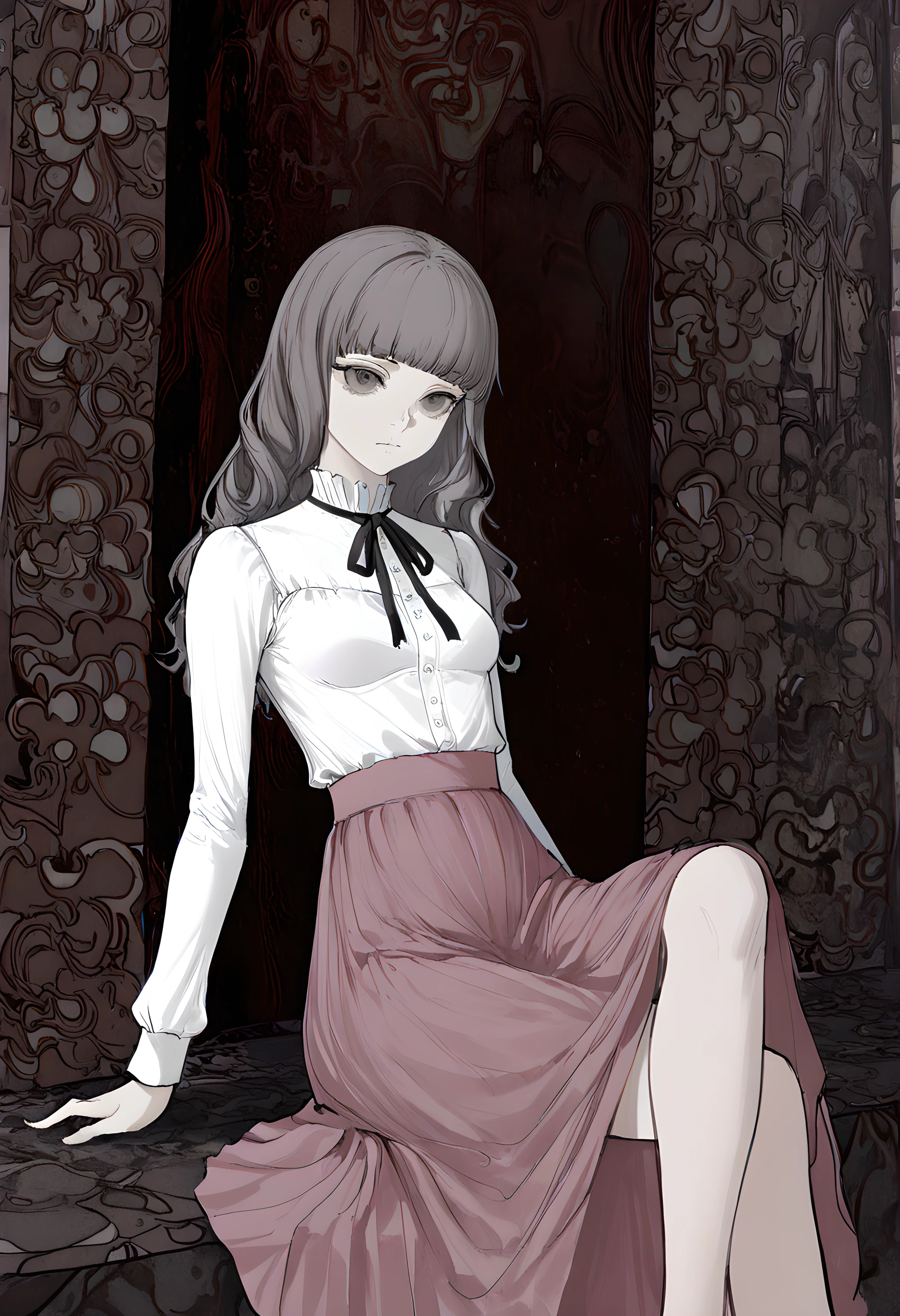 masterpiece, best quality, amazing quality, very aesthetic, absurdres, newest, 1girl, detailed face,
<lora:mon_monmon2133:0.8> grey cathedral background, abstract background, distorted background,
<lora:marina_illustr2-000004:1> white shirt, pink skirt, long skirt, grey hair, mar1na_fear, small breasts, long sleeves, long hair, bangs, black ribbon, neck ribbon, blunt bangs,
sitting, crossed legs