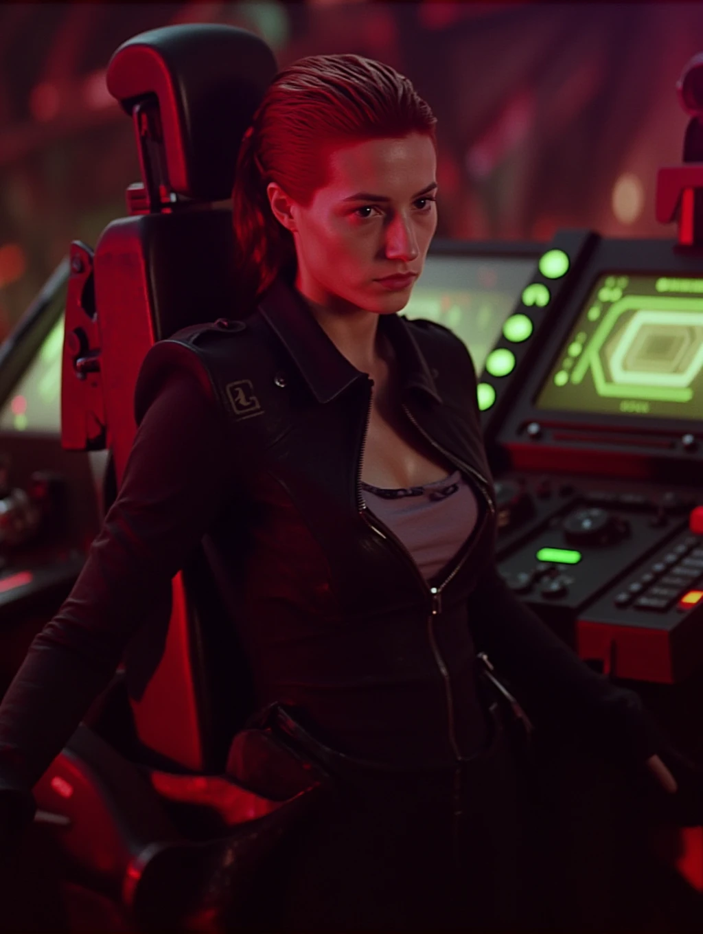 A woman with vibrant red hair, dressed in a sleek black jumpsuit, stands confidently in the control room of a futuristic spaceship, surrounded by sleek metal consoles and glowing screens that cast a warm red and green hue on her determined expression, as if photographed with a realistic, high-grain film stock.  <lora:blood-machines-v2:1> dgbl00dmach1n3sv2 style