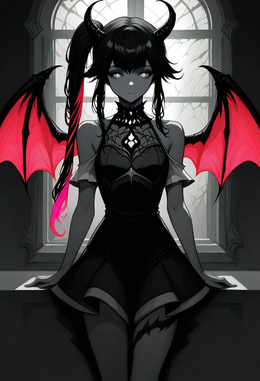 opill, solo, horns, wings, 1girl, shiki_dwno, black hair, multicolored hair, side ponytail, gray eyes, window, dress, long hair, demon wings, bare shoulders, dark, demon girl, masterpiece, dark environment, soft lighting, monochrome, grayscale, freebos_smoothiestyle