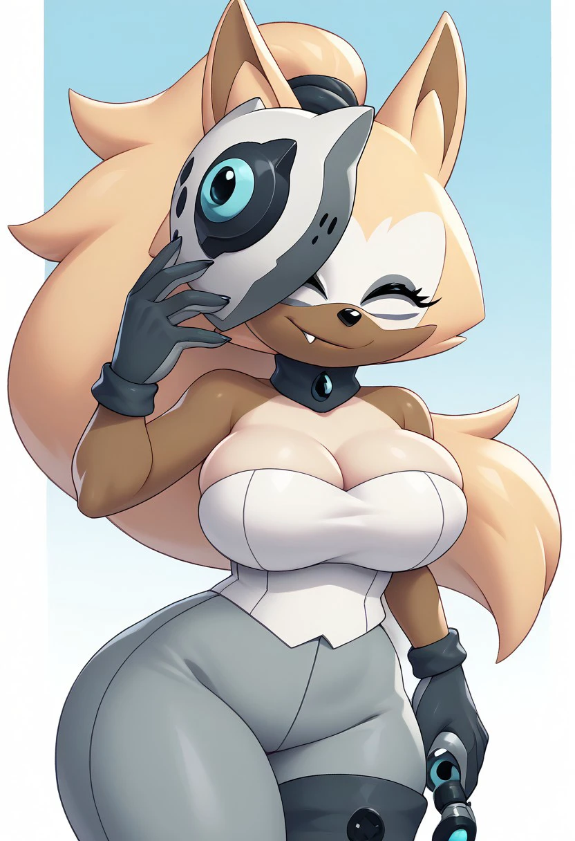 score_9, score_8_up, score_7_up, (best quality, adorable), ultra-detailed, high resolution, 8k, 1girl, Whisper the Wolf, beige fur, brown skin, blue eyes, fangs, white tube top, gray pants, gray cloak, dark gray boots, Spy mask, holding wispon, dark blue background, ((big breasts, voluptuous, thick thighs, skinny, curvy, busty, high quality, masterpiece, wide hips)), (((dutch angle, sexy tease, sexy pose, stylish pose))) BREAK outside, Rich, Detailed background, ambient light