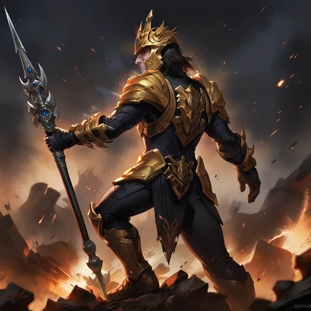 Zpdxl3, full body, Score_7_up, score_8_up, Solo male,
BREAK,
jarvan, helmet, armor, Black skinsuit, medium hair, polearm, cinematic, dramatic, side view, from side, debris, particles, dust, rocks,