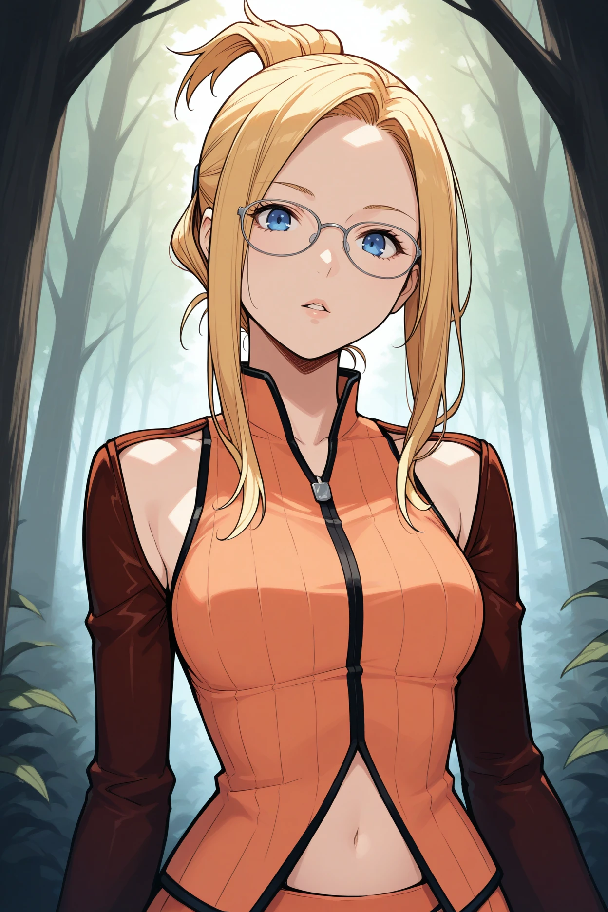 masterpiece, best quality, 1girl, solo, <lora:ffquistis-illu-nvwls-v1-000006:1> ffqsts, blonde hair, folded ponytail, blue eyes, glasses, detached sleeves, orange shirt, sleeveless shirt, navel, orange skirt, gloves, upper body, looking at viewer, parted lips, forest, portrait