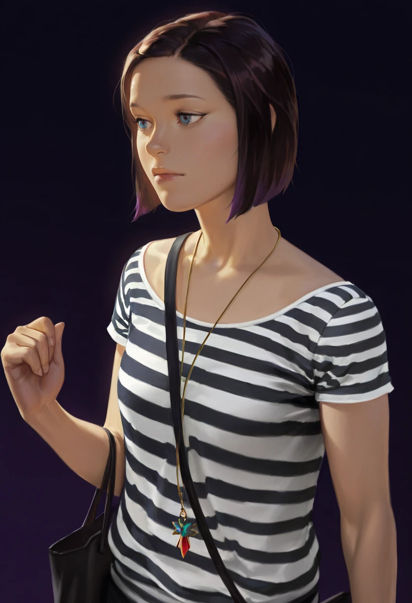 Masterwork, Courtney Wagner, 1girl, short hair, solo, necklace, realistic, lips, brown hair, striped shirt, short sleeves, blue eyes, black hair, tote bag, purple highlights, dark background  <lora:Courtney_Wagner_Life_is_Strange_Illustrious:1>