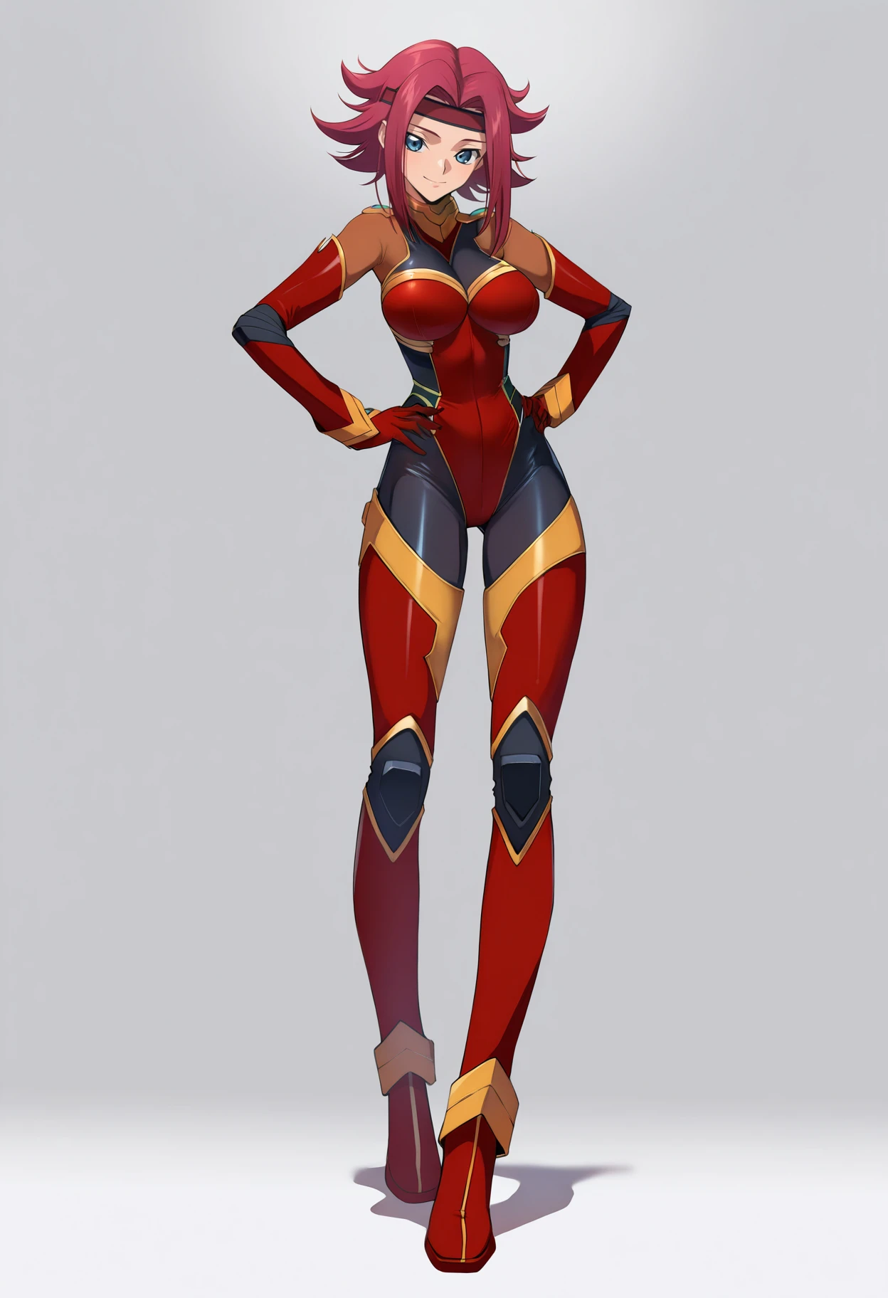 masterpiece, best quality, very aesthetic, absurdres,
1girl, kouzuki kallen, red hair, short hair, blue eyes, flipped hair, headband,
pilot suit, red bodysuit, bodysuit,
full body, standing, hands on hips,
smile, solo, looking at viewer, simple background, white background,  <lora:KallenKouzukiMovieNoobXL_byKonan:1>