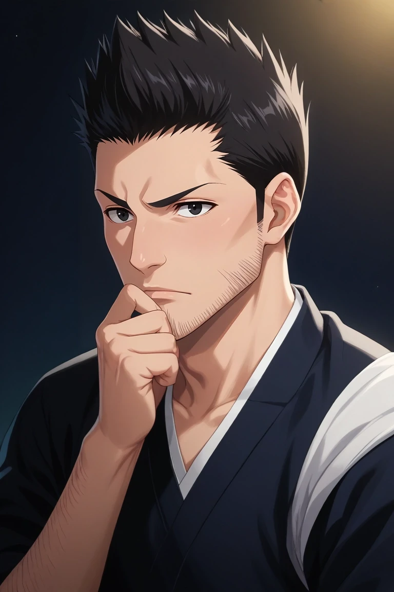 score_9, score_8_up, score_7_up, , rating_safe, , (photorealistic:0.6), , 1boy, solo, male focus, <lora:isshin_kurosaki_pony:0.96>, isshin_kurosaki, black hair, black eyes, short hair, spiked hair, facial hair, stubble, beard, , staring at the screen, hand on chin, puzzled expression, sitting pose, focused lighting, , <lora:sdxl_lightning_8step_lora:1>