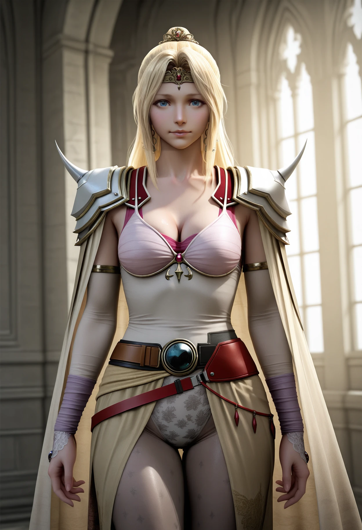 1girl,solo,mm,mature female,blonde hair,long hair,blue eyes,breasts,realistic, 
shoulder armor,bodysuit,belt,pantyhose,cape,cleavage,looking at viewer, 
,masterpiece,best quality,amazing quality,<lora:Rosa_Farrell-Final_Fantasy_IV:0.8>