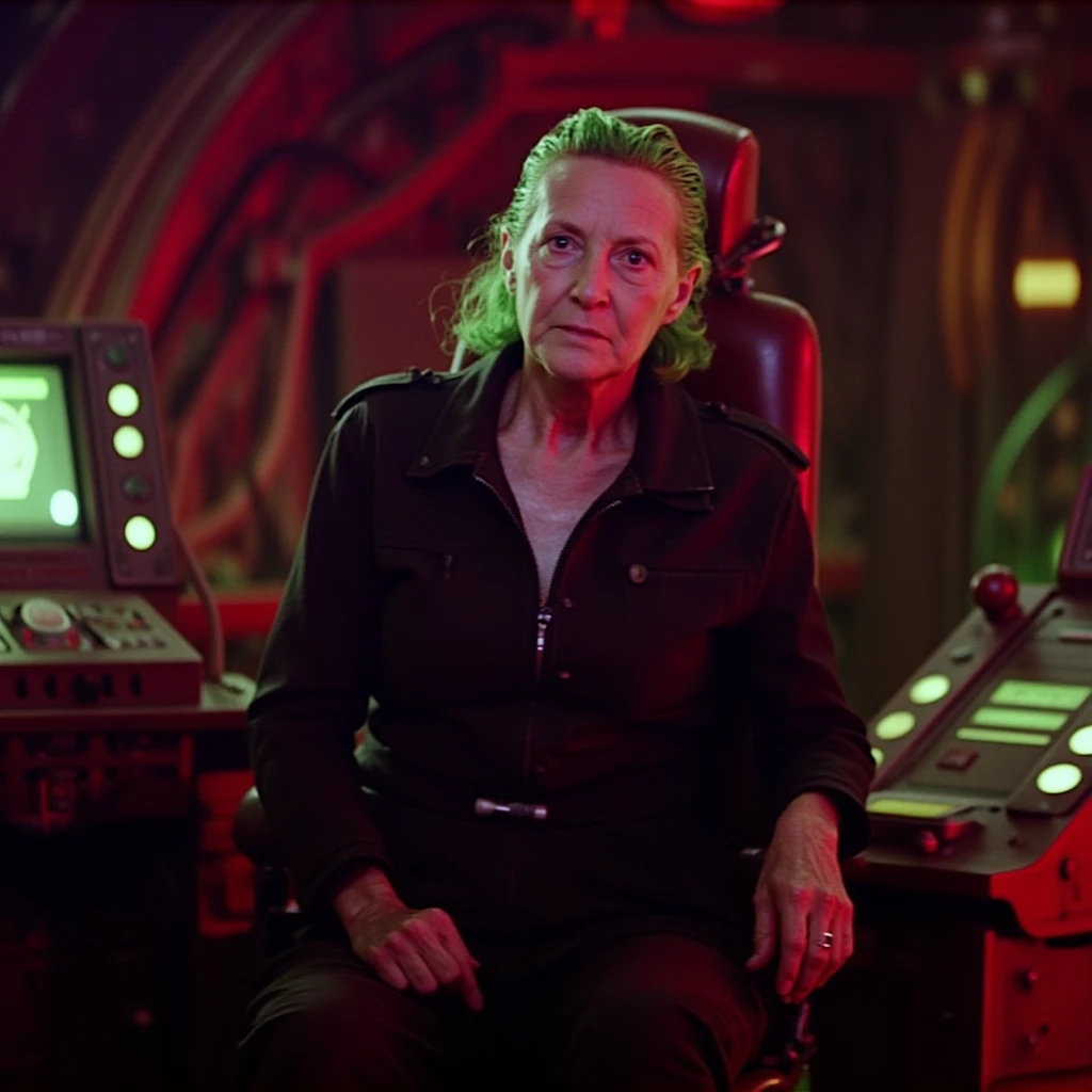 A old woman with vibrant green hair, dressed in a sleek black jumpsuit, stands confidently in the control room of a futuristic spaceship, surrounded by sleek metal consoles and glowing screens that cast a warm red and green hue on her determined expression, as if photographed with a realistic, high-grain film stock.  <lora:blood-machines-v2:1> dgbl00dmach1n3sv2 style