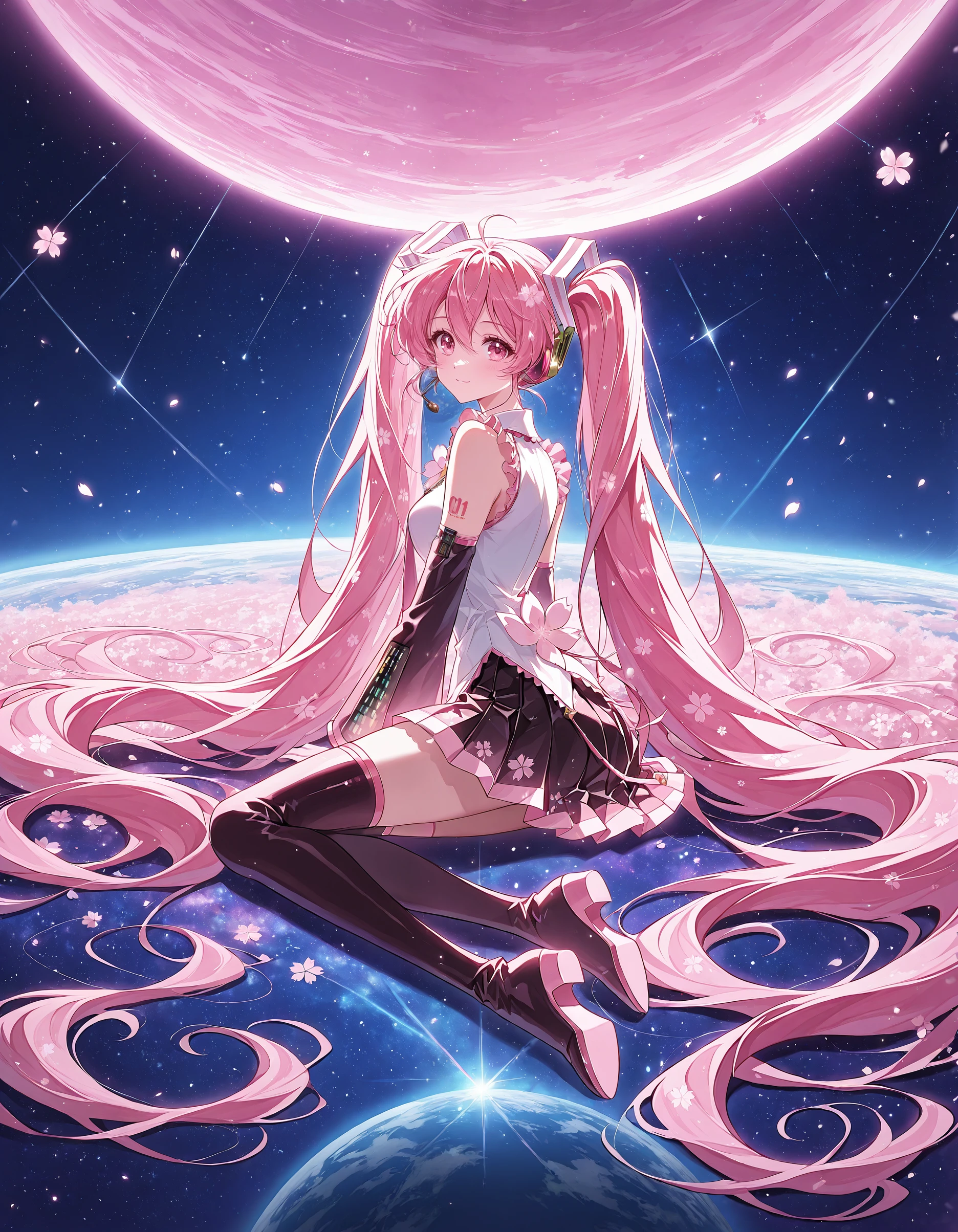 masterpiece, best quality, very aesthetic,newest, very awa,  <lora:S4ilor_style_illu_2:1>,S4ilor_style_illu, ethereal lighting, dreamy atmosphere, whimsical, enchanted,1girl,sakura miku,close-up,   solo, twintails, long hair, skirt, thighhighs, very long hair, detached sleeves, thigh boots, looking back, planet, boots, looking at viewer, full body, black skirt