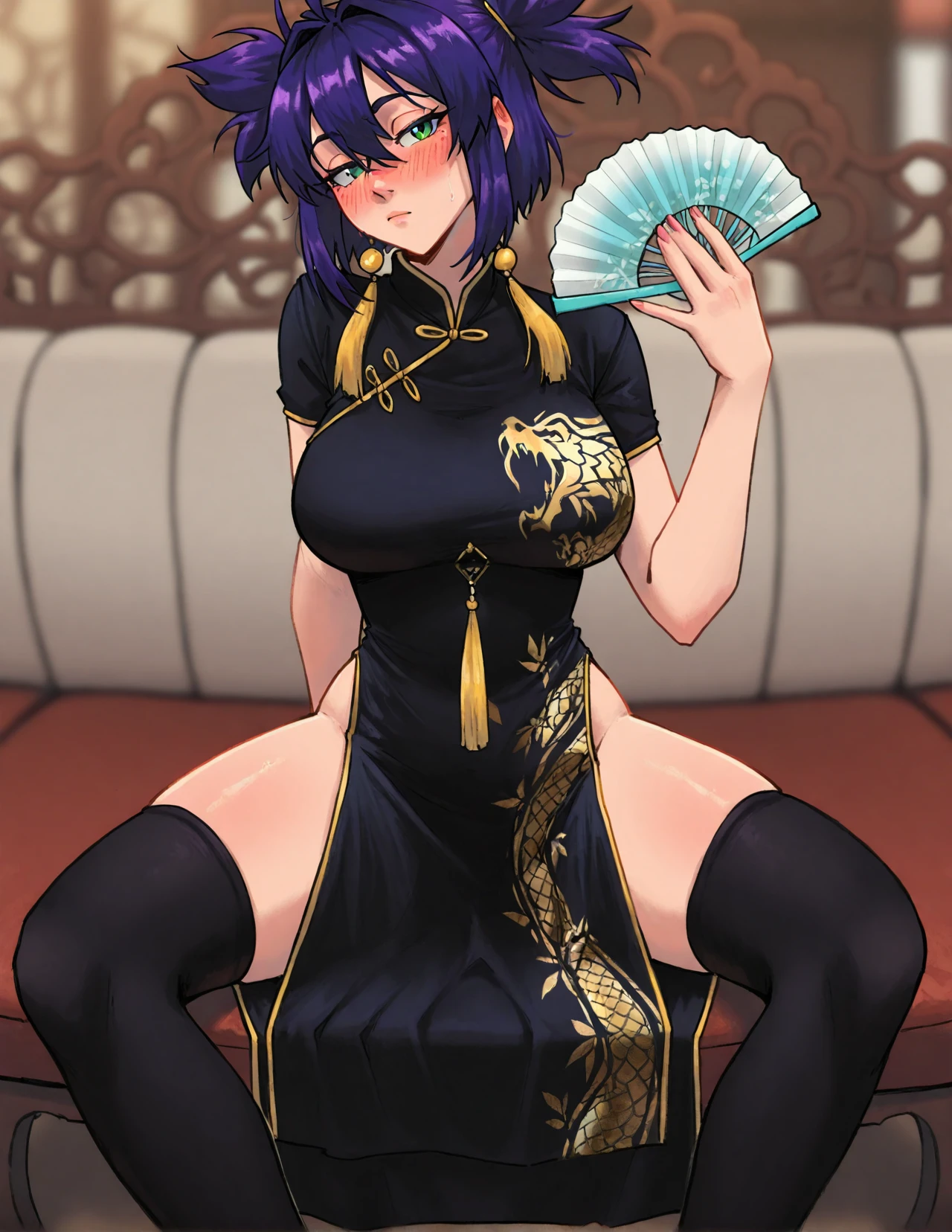 1girl, sainttufa, heavy blush, un, purple hair, two sides up, short hair, green eyes,depth of field,heavy blush, embarassed, black chinese dress, sitting, legs spread, thighhighs, handheld fan, blurred background, cinematic, masterpiece, looking at viewer, best quality, good quality, newest, highres, absurdres, cowboy shot, <lora:Lena_illustriousXL_V1:0.7>,  <lora:Sainttufa_IL_v1:0.7> ,<lora:il_saturation_slider_d1:-0.7>