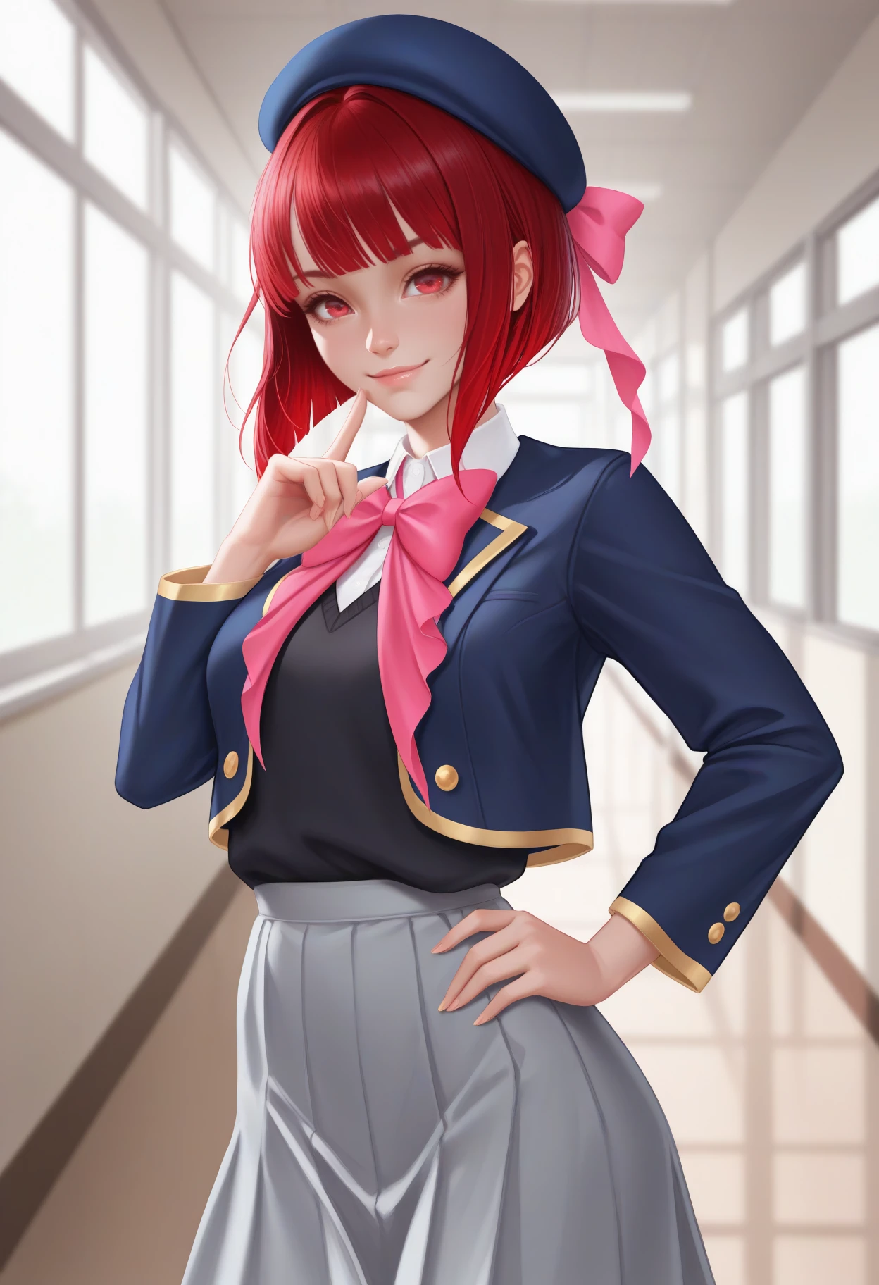 masterpiece, best quality, realistic, solo, 1girl, k4nadef, smile, looking at viewer, standing, hand on own hip, finger to mouth, medium hair, red hair, bob cut, inverted bob, blue headwear, beret, hat ribbon, pink ribbon, red eyes, school uniform, blue jacket, cropped jacket, open jacket, long sleeves, black sweater vest, white shirt, collared shirt, pink bowtie, grey skirt, indoors, school, hallway, window
<segment:yolo-Anzhc Face seg 640 v2 y8n.pt,0.4,0.5//cid=1>