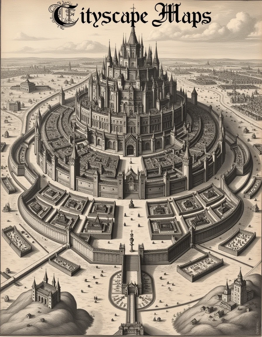 a dictymp map of a grand sprawling city with high towers, defensive walls, and a palace. The city features many market squares, churchs, temples, and military structures. Across the top of the image is large text "Cityscape Maps:
Baroque cartography" <lora:city-maps_v12-000040:0.8>