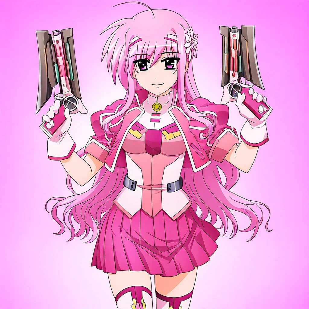 Anime girl with pink hair holding two guns and a pink background ...