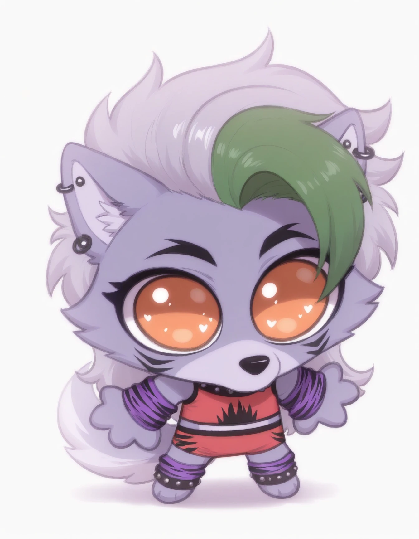 masterpiece, best quality, furry, cartoon
Roxanne-CbdCcnt-style, silver hair, orange eyes, wolf ears, green bangs, red croptop, studded collar, earring, purple tigerprint arm warmers, studded piercing, red hotpants, red shoulderpads, mikus-concept, full body, big eyes, chibi, white background,
<lora:silly-guy-il:1>
<lora:Roxanne-CbdCcnt-style_il:0.9>