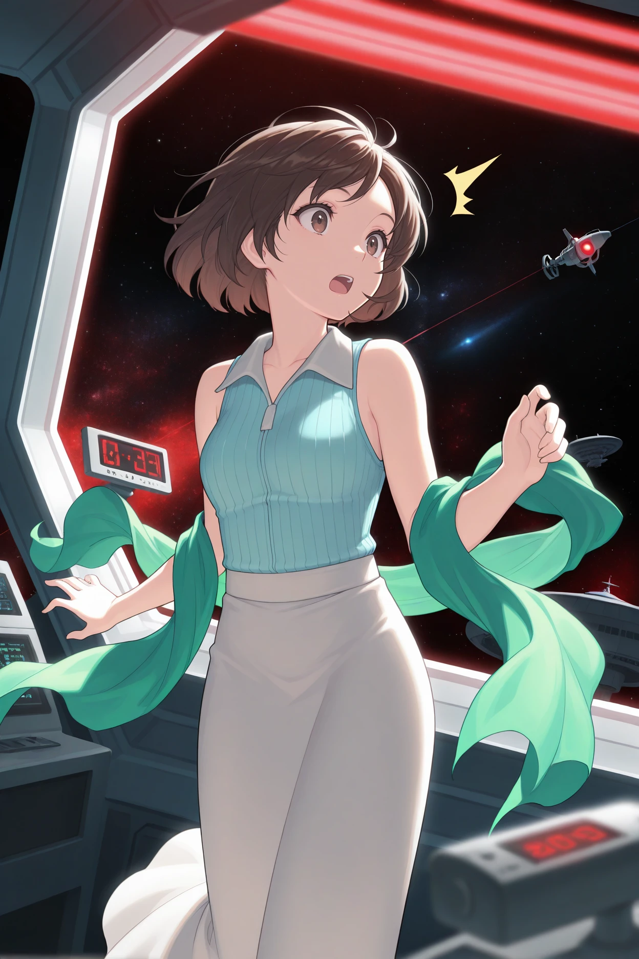 masterpiece, best quality, 1girl, solo, <lora:ffellone-illu-nvwls-v1-000007:1> ffell, brown hair, short hair, brown eyes, light blue shirt, ribbed shirt, sleeveless shirt, green shawl, white skirt, long skirt, space station, red light, alarm, open mouth, surprised, looking to the side