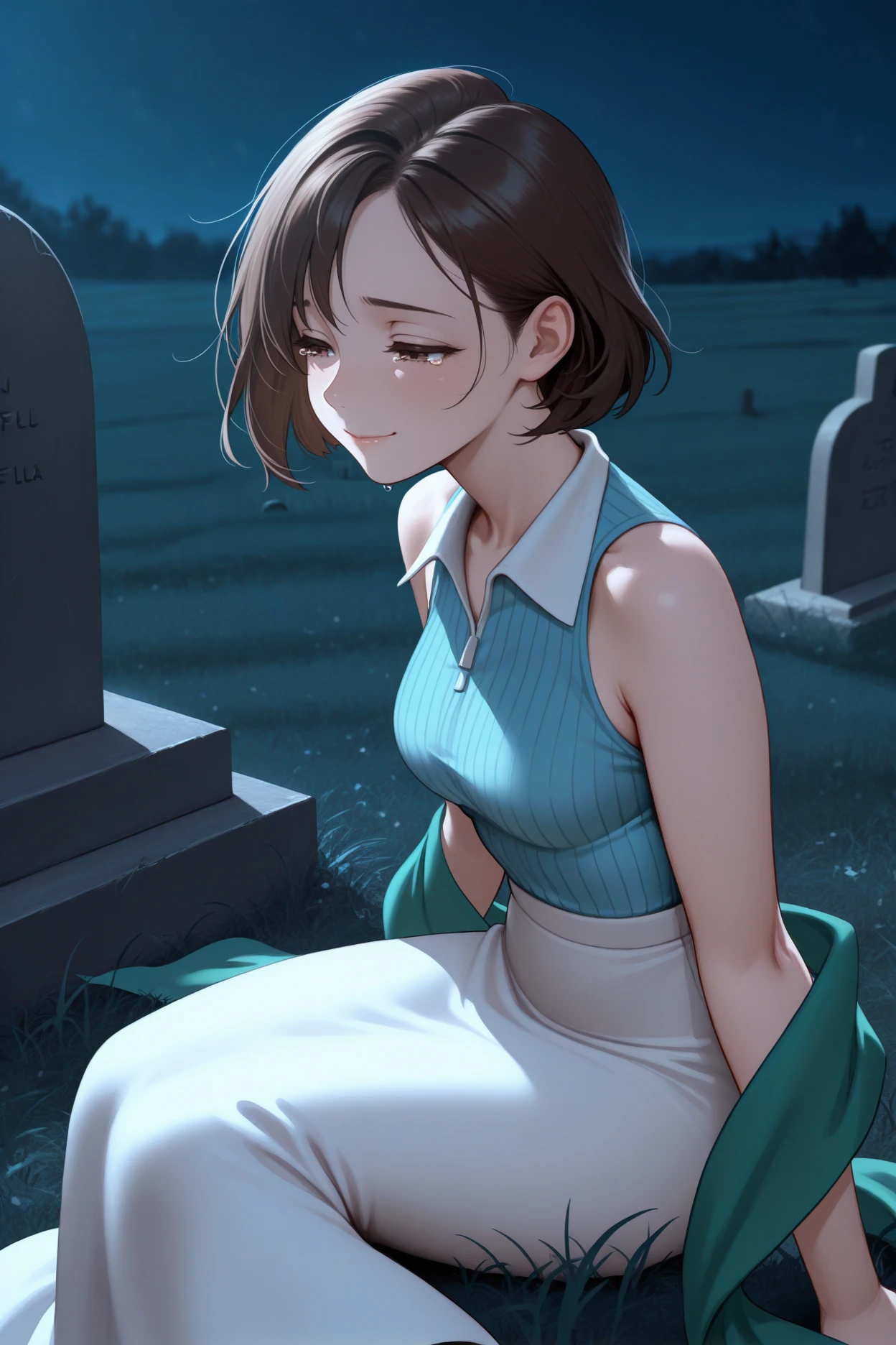 masterpiece, best quality, 1girl, solo <lora:ffellone-illu-nvwls-v1-000007:1> ffell, brown hair, short hair, brown eyes, light blue shirt, ribbed shirt, sleeveless shirt, green shawl, white skirt, long skirt, sitting, grave, night, field, on ground, from side, half-closed eyes, smile, tearing up