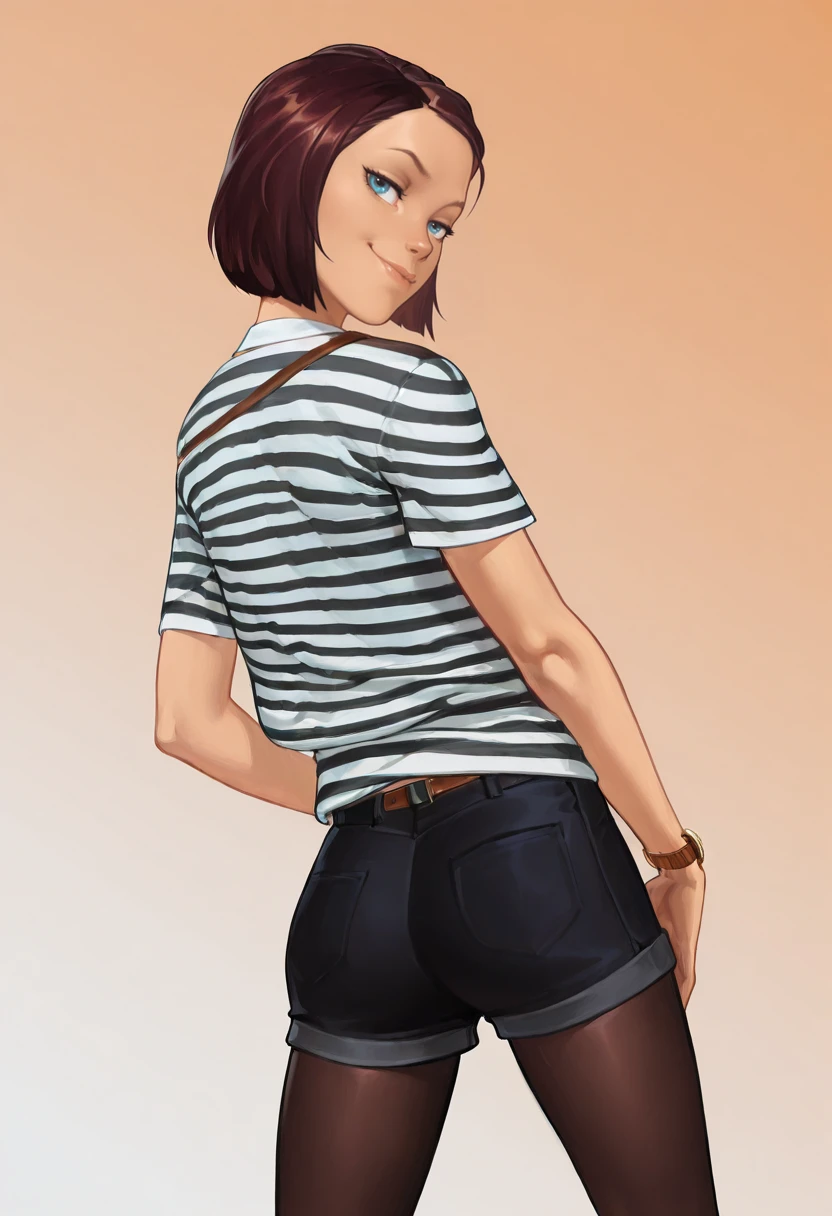 Masterwork, Courtney Wagner, 1girl, solo, brown hair, short hair, lips, blue eyes, upper body, striped shirt, shorts, pantyhose, loafers, wristwatch, gradient background, from behind, looking back, ;3, smug  <lora:Courtney_Wagner_Life_is_Strange_Illustrious:1>