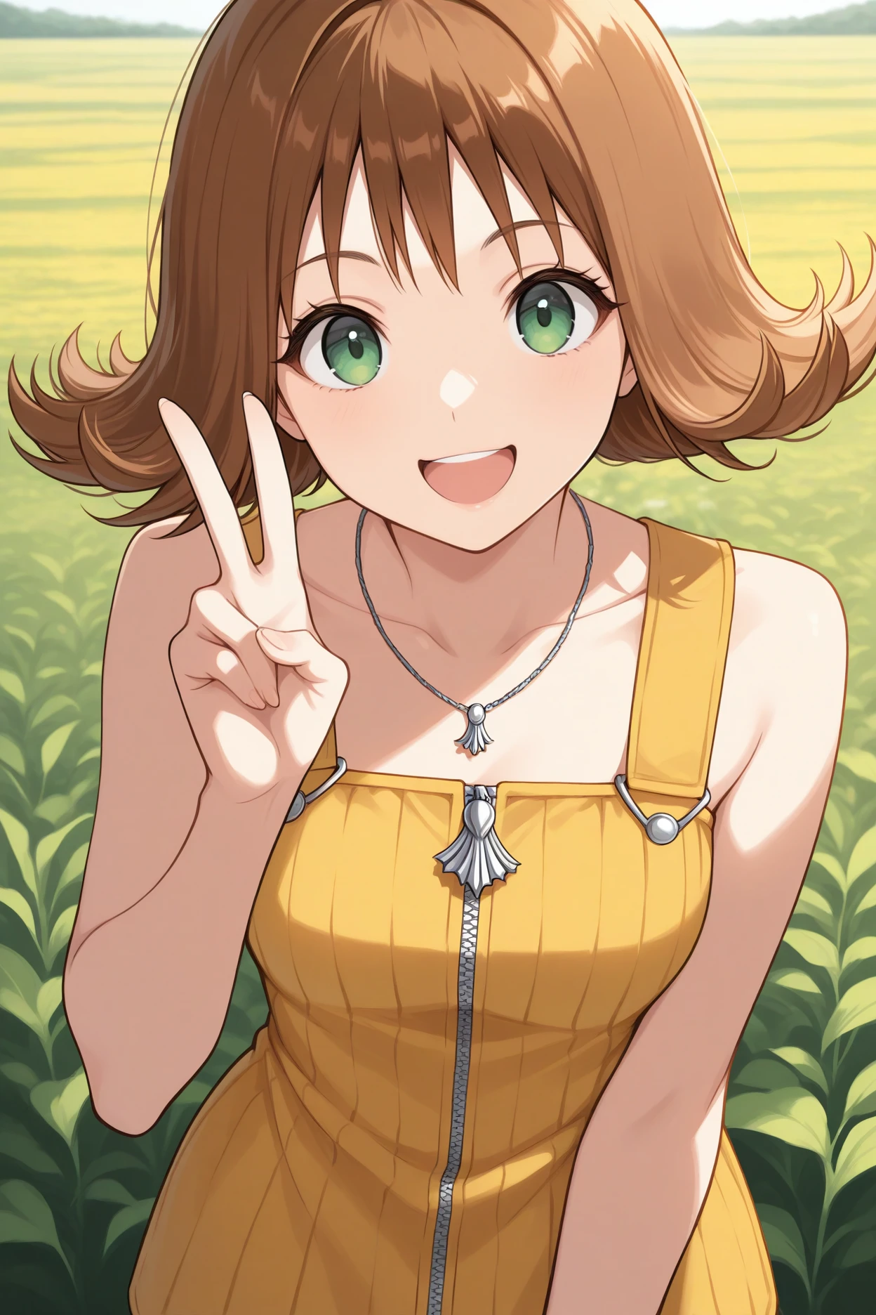 masterpiece, best quality, 1girl, solo,  <lora:ffselphie-illu-nvwls-v1-000006:1> ff8sphe, brown hair, flipped hair, short hair, green eyes, necklace, yellow dress, short dress, sleeveless dress, full-length zipper, upper body, looking at viewer, field, smile, peace sign, excited,