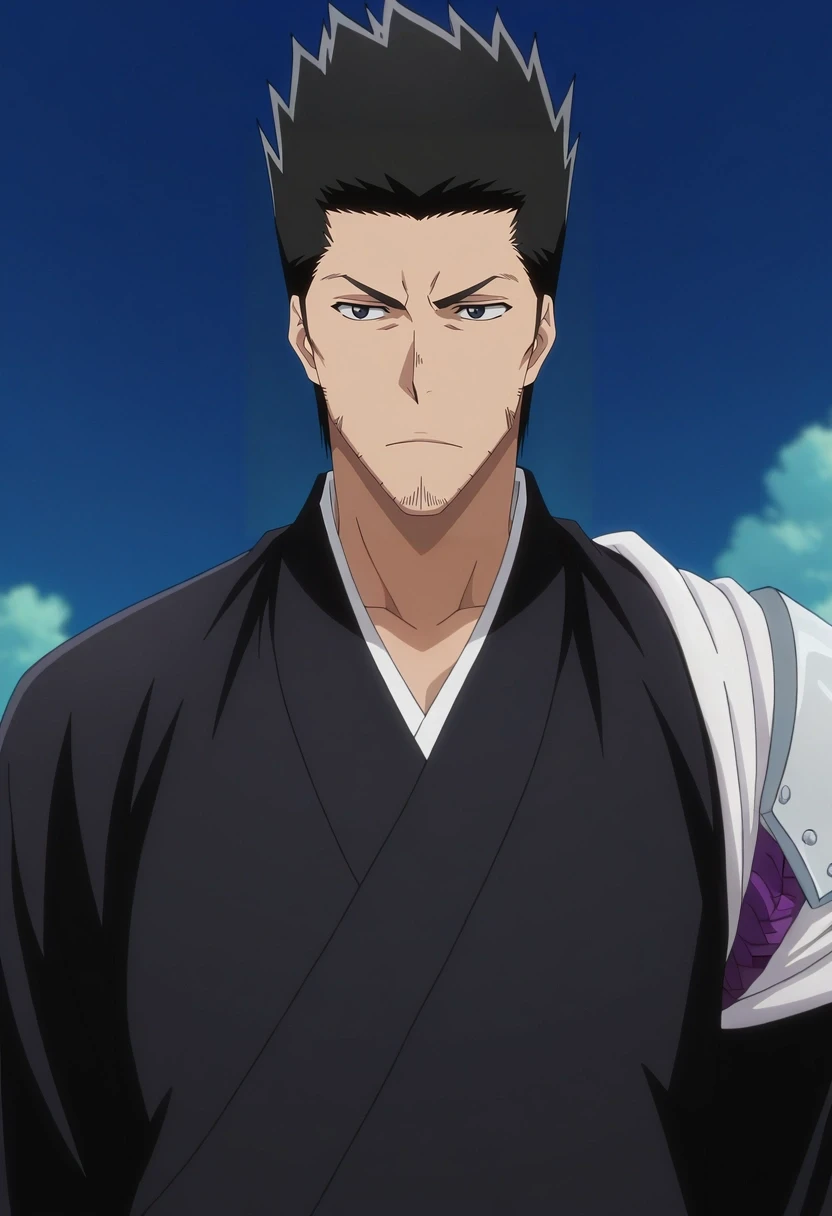 masterpiece, best quality, , anime screencap, , official style, , 1boy, solo, male focus, <lora:isshin_kurosaki_ilxl:1>, isshin_kurosaki, black hair, black eyes, short hair, spiked hair, , ,