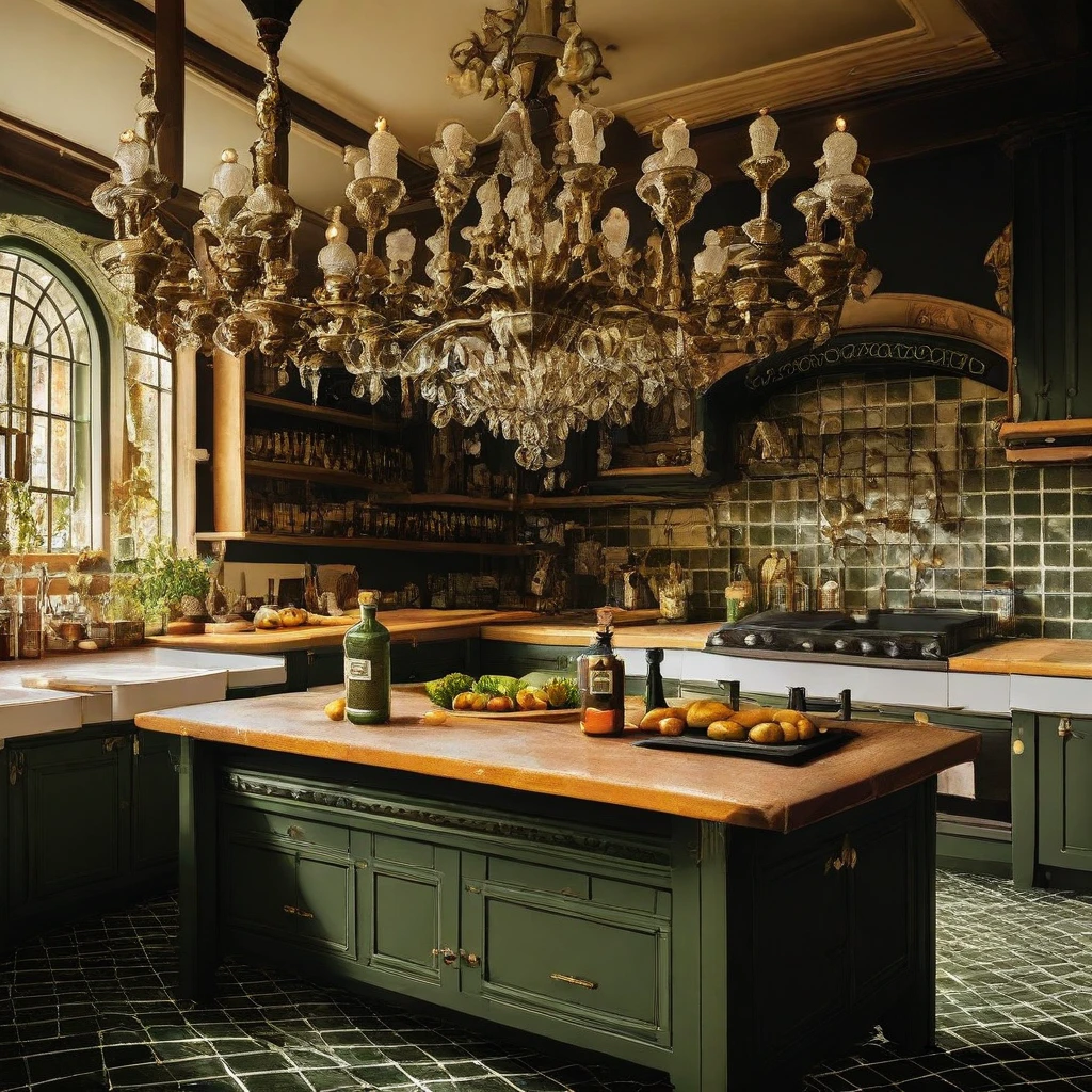 bottle, chandelier, sink, sunlight, food, stove, table, kitchen, tiles