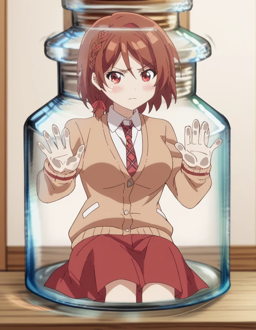 score_9, score_8_up, score_7_up, source_anime, <lora:akane-sakuramori-alpha-ponyxl-lora-nochekaiser:1>, akane sakuramori, short hair, brown hair, red eyes, braid, hair ribbon, medium breasts, anime screencap, skirt, shirt, long sleeves, school uniform, necktie, collared shirt, plaid, red skirt, cardigan, red necktie, brown cardigan, plaid necktie, yellow cardigan, living room, video game, controller, competitive, fun, afternoon, , <lora:pixiv-bottle-ponyxl-lora-nochekaiser:1> pixiv bottle, pixiv bottle (meme), in bottle, cork, jar, in container, meme, minimized, glass, against glass, blush, sitting, wariza,, looking at viewer, solo,, cowboy shot, solo