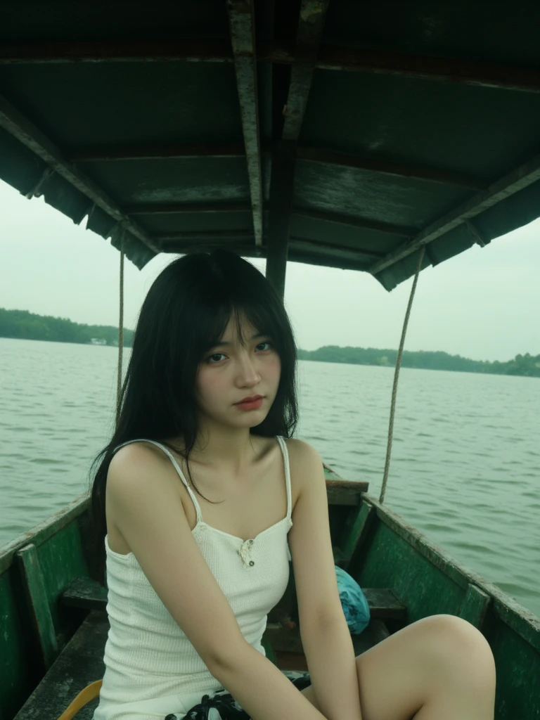 A girl is sitting in a boat, wearing a white top, with overcast weather, green light and shadow, rainy day, film photography, strong contrast between light and dark,DonRatios
