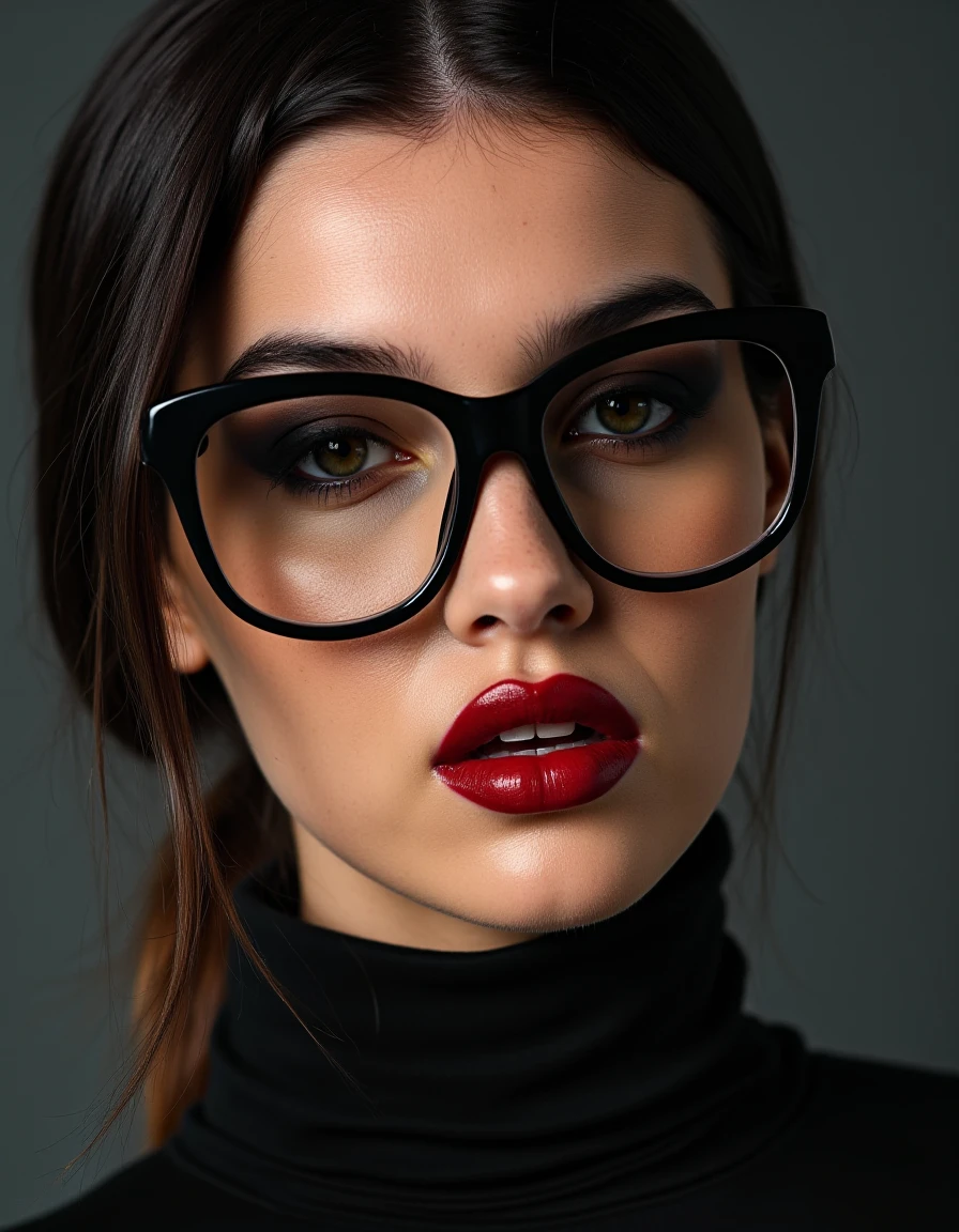 A striking portrait of a woman with piercing eyes and bold, direct eye contact. She wears natural-looking brick-red lipstick and large, avant-garde glasses. The composition embodies a high-fashion editorial aesthetic, blending ethereal beauty with dramatic shadows and luxurious fashion details. The zoomed-out perspective places the subject in 30% of the frame, leaving ample negative space around her head for a modern, minimalist feel. The subtle 3D effect enhances the visual depth, creating a captivating and dynamic image.