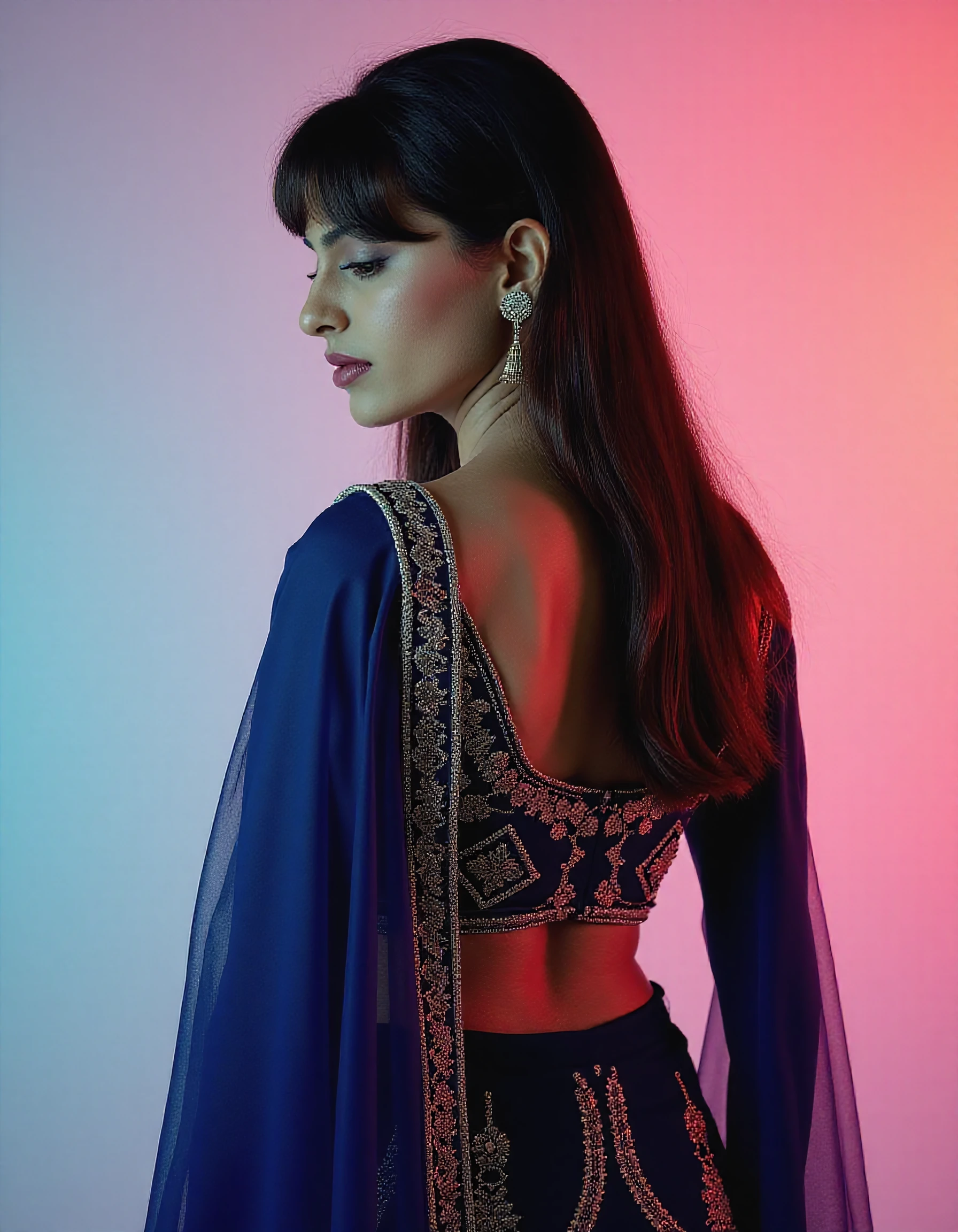 from behind looking back photo of Juhi Chawla woman,hyper realistic candid photo, studio quality, wearing intricate conservative long sleeved Navy Blue Rajasthani Lehenga, bangs, pastel shaded multicolored background, cinematic lighting <lora:Juhi_Chawla_Flux_Kohya_V1-000005:1>âââ