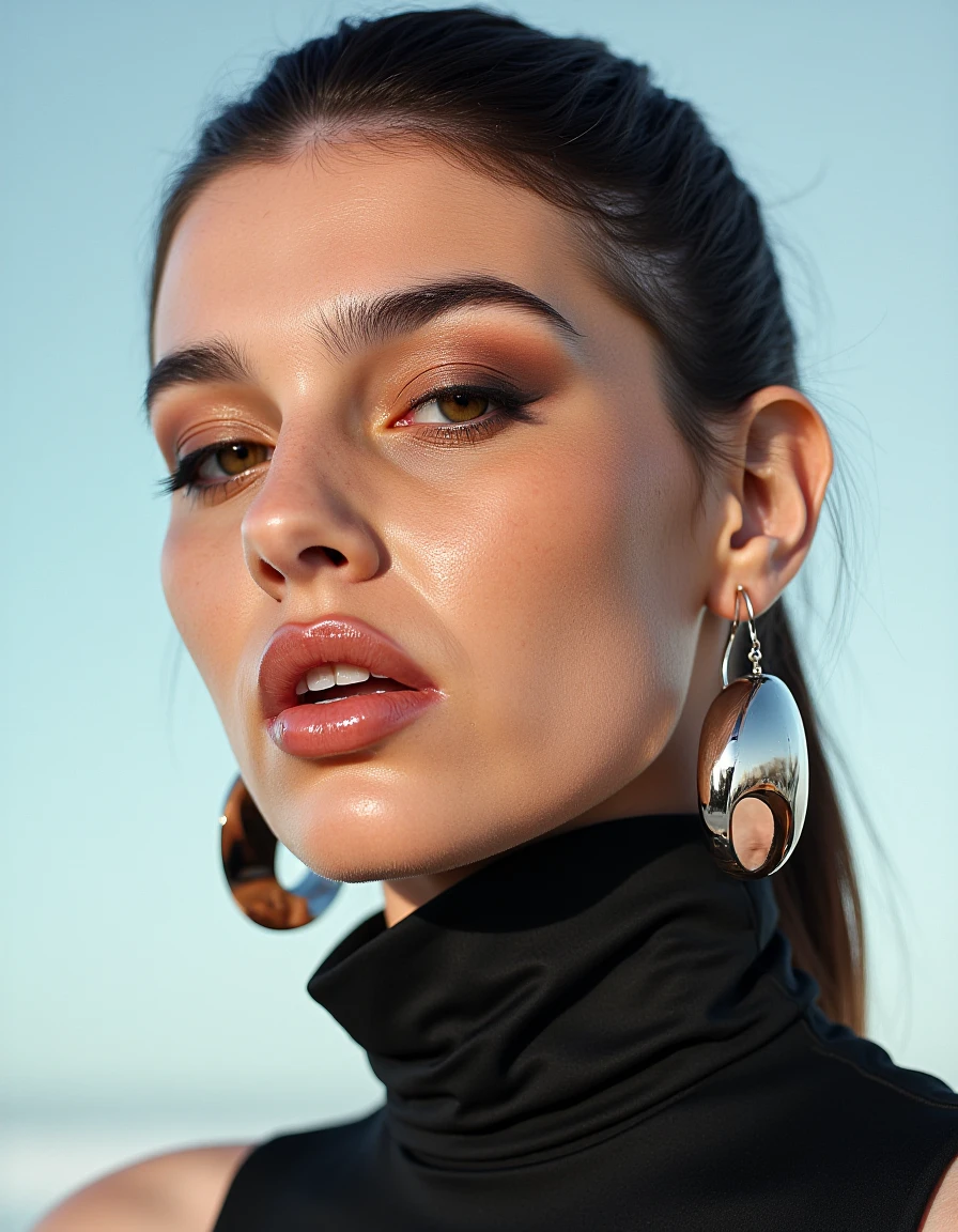 The reflective surfaces of her earrings and outfit create a dynamic interplay with the environment, emphasizing her sleek presence. The minimalist background allows the viewer to focus on her eye-catching fashion and makeup. Captured with a Sony A7R IV camera and a 50mm f/1.2 G Master lens for a beauty editorial shoot, this composition highlights her fashion-forward aesthetic. Inspired by avant-garde fashion photography from Sølve Sundsbø, this image blends contemporary fashion and minimalist elegance, embodying mythp0rt and niji_flux styles for a sleek, high-fashion vision. ((glow_skin, iridescent skin, oily skin, portrait))