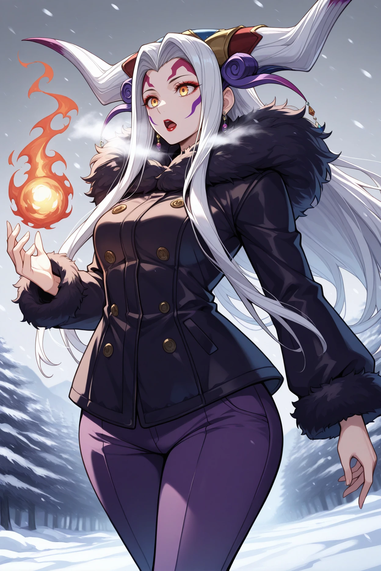 masterpiece, best quality, 1girl, solo  <lora:ffultimecia-illu-nvwls-v1-000005:1> ffutmca, yellow eyes, white hair, horns, long hair, facial mark, lipstick, earrings, black parka, puffy jacket, winter, snow, purple pants, fur trim, open mouth, cold, snowstorm, blizzard, grey sky, wide hips, hand up, fireball, fire magic