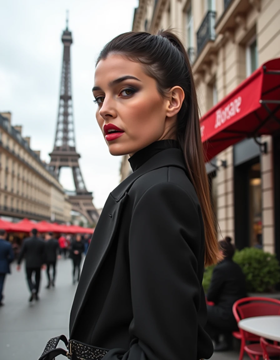 Modern portrait of a Paris fashion lady, dressed in the latest haute couture with sleek lines and sophisticated details, set against a chic urban background of Parisian architecture, featuring elements like the Eiffel Tower in the distance and stylish cafes, cinematic composition, trending on Artstation. She is looking over her shoulder at viewer.