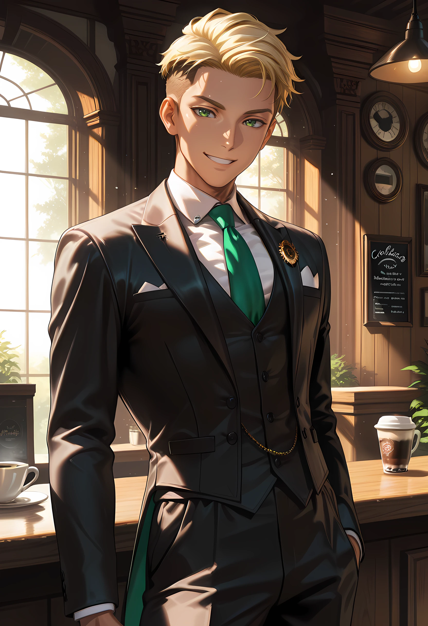 Smooth Quality - Illustrious, Masterpiece, source_anime, man, cowboy shot, handsome, fit, blonde hair, undercut hair, green eyes, smiling, happy, kind expression, kind eyes, pose, butler outfit, black suit, white collar, green tie, cafe, vivid colors, shiny and glossy, anime style, high-res, beautiful aesthetic, very intricate, high-quality details, vibrant, highly detailed, award-winning, professional,