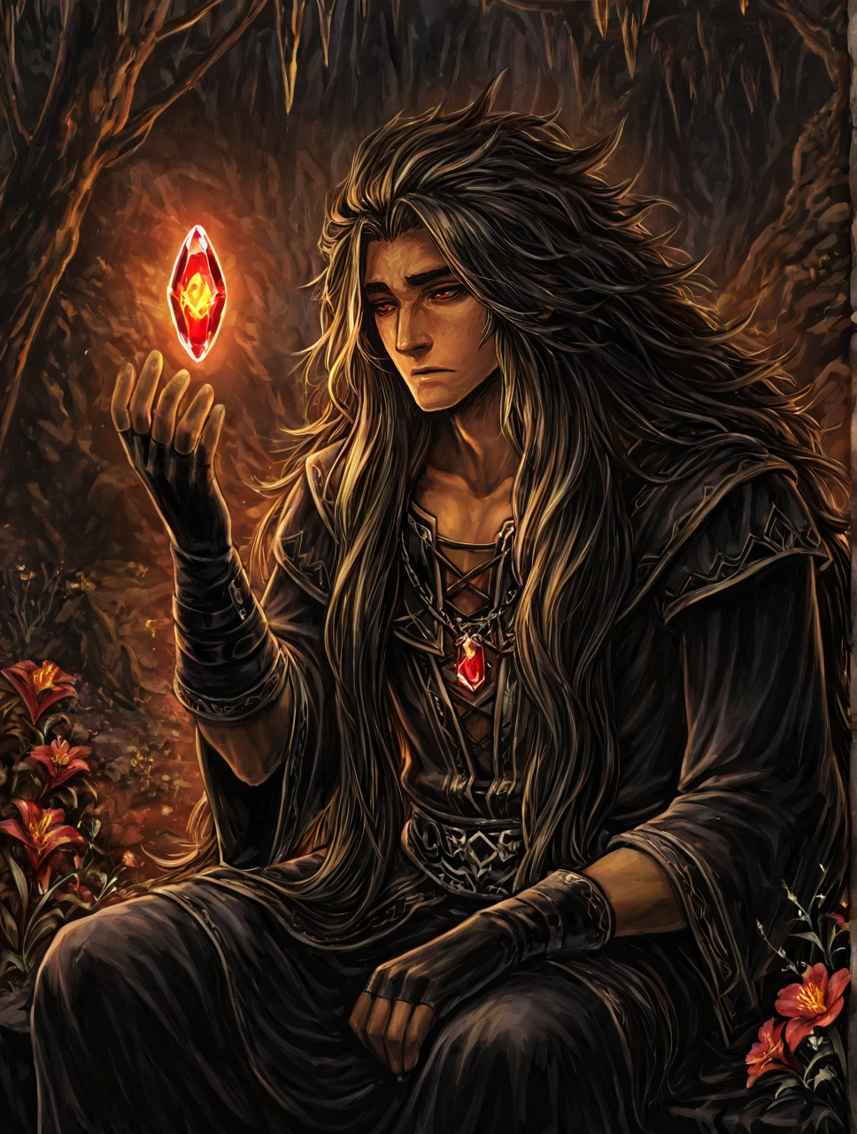 <lora:[GAME STYLE] Dragon's Crown_epoch_8:1>,
BREAK
solo focus ,
middle aged, mature ,
,
1boy,  ,
translucent   hair,
very long hair,   hair,messy hair, ,
feeling confused ,
sitting ,
flower, ,
gloves , fingerless gloves  ,
gem, jewel, crystal ,
,
outdoors ,
upper body,  ,
dramatic light ,
dark fantasy, dark tones, Gothic fantasy ,
(weapon:0.56) ,, ,masterpiece, best quality, very awa,
