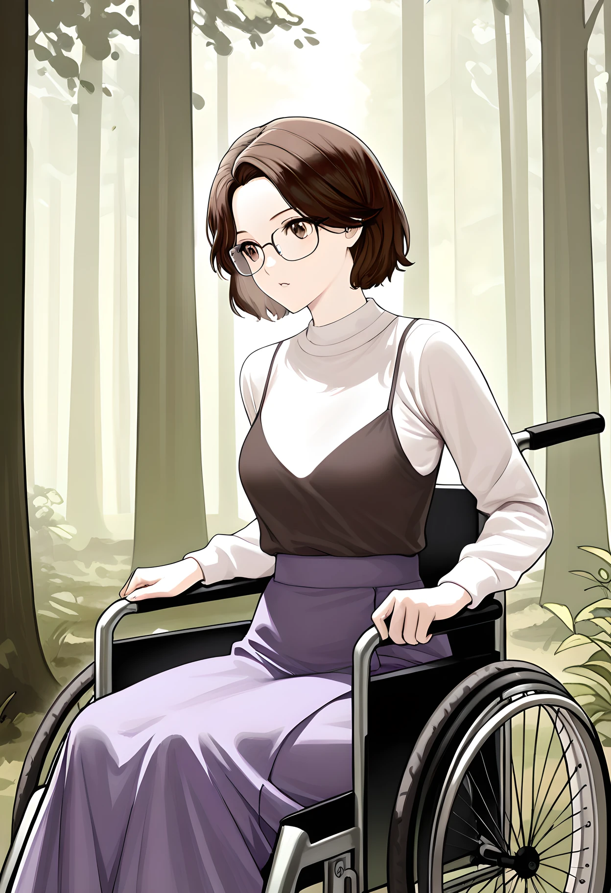 masterpiece, best quality, amazing quality, very aesthetic, absurdres, newest, 1girl, detailed face,
forest background, grey mist in background, outdoors,
<lora:olivia_illustr:1> 0l1v1a_f3ar, glasses, short hair, brown hair, brown eyes, long skirt, purple skirt, skirt, shirt, sweater, wheelchair,
sitting, legs together