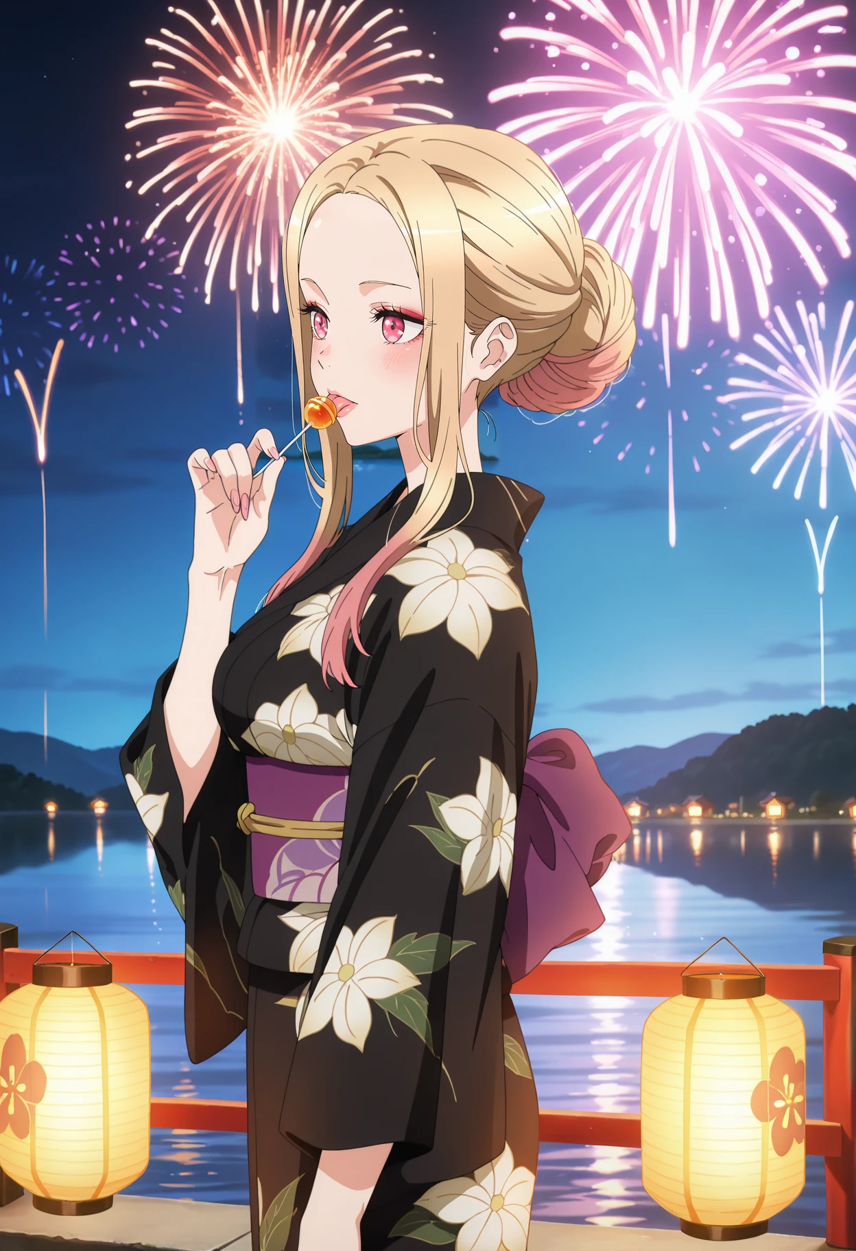 anime screencap, masterpiece, best quality,
<lora:SonoBisqueDoll_KitagawaMarin_IlluXL:0.9>,
1girl, solo, closed mouth, blush,
alternate hairstyle, hair bun, multicolored hair, blonde hair, forehead, parted bangs, sidelocks, multicolored eyes, lips, makeup,
MarinYukata, black kimono, print kimono, purple obi,
holding lollipop, licking,
standing, looking away,
outdoors, night, lake, lantern, fireworks, bridge, riverbank