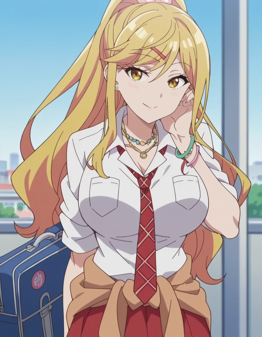 score_9, score_8_up, score_7_up, source_anime, <lora:himari-ishikura-alpha-ponyxl-lora-nochekaiser:1>, himari ishikura, long hair, bangs, blonde hair, large breasts, hair ornament, yellow eyes, ponytail, hairclip, high ponytail, large breasts, anime screencap, skirt, shirt, jewelry, school uniform, white shirt, necktie, collared shirt, necklace, bracelet, red skirt, red necktie, clothes around waist, gyaru, train station, waiting for train, suitcase, traveling, commute, city skyline, hands behind back, , head rest, smile,, looking at viewer, solo,, cowboy shot, solo