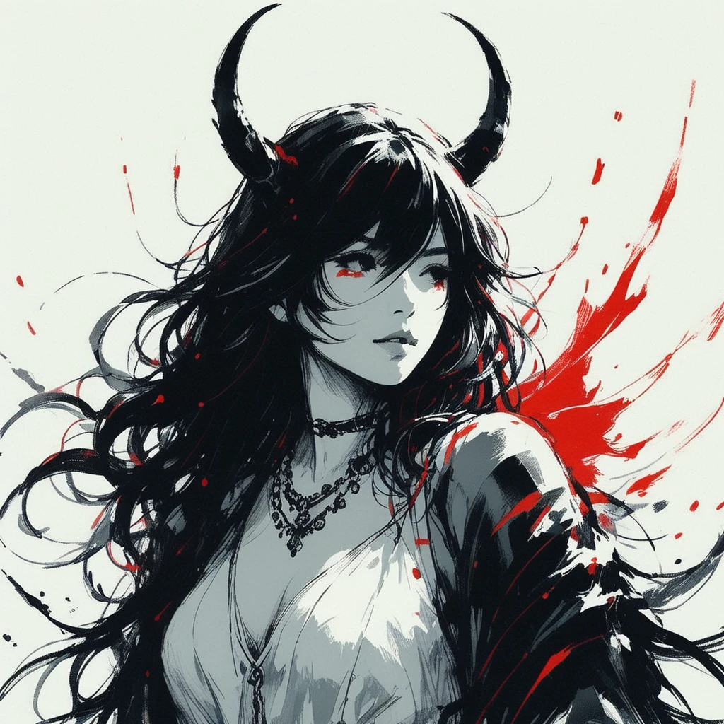 Special Ink-drawing mode, soft lighting with dynamic highlights, low angle, three-quarters view, The image is a close-up portrait of a woman's face and upper body. The woman has long, dark hair that is styled in loose waves and cascades down her back. Her face is painted white with red and black accents. Her eyes are dark and her lips are painted a deep red. Above her head, there are two large, pointed horns that are covered in black and red paint. The horns are arranged in a symmetrical pattern, with the tips pointing upwards. The background is dark and out of focus, making the woman the focal point of the image