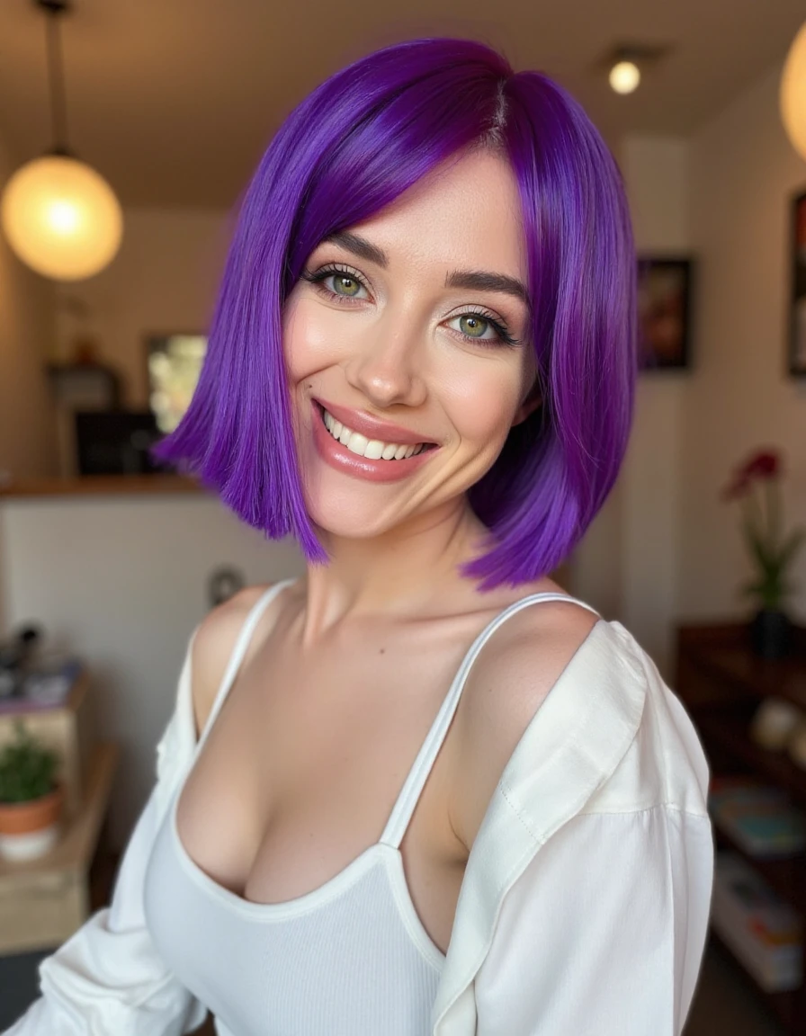 Actress Natali Portman beautiful with her radiant smiling seductive face of the age she was in Star wars but with purple hair mushroom cut with naked goddess fringe with great detail completely naked body 