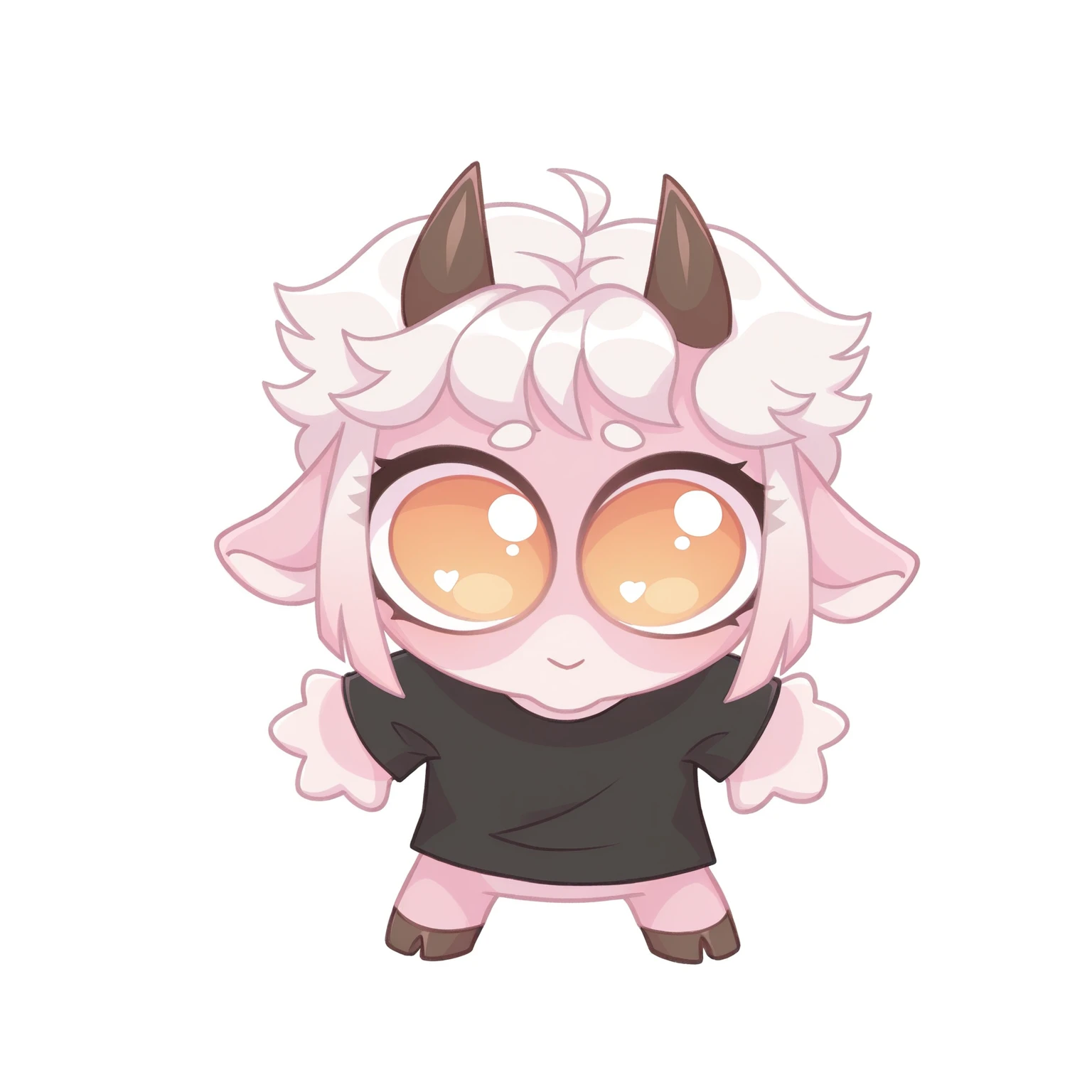 masterpiece, best quality, solo
Eiko-vkstickrs, white hair, light pink fur, orange dot eyes, black t-shirt, mikus-concept, full body, big eyes, chibi, white background, hooves
 <lora:silly-guy-il:1>
 <lora:Eiko-vkstickrs_il:0.9>